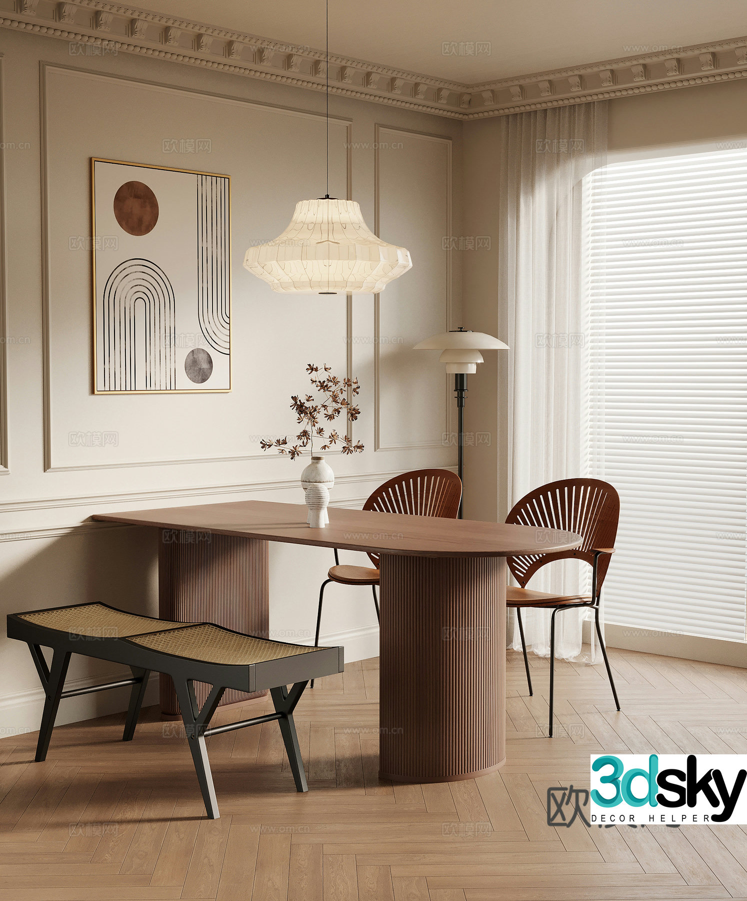 French medieval restaurant dining table and chair combination 3D model