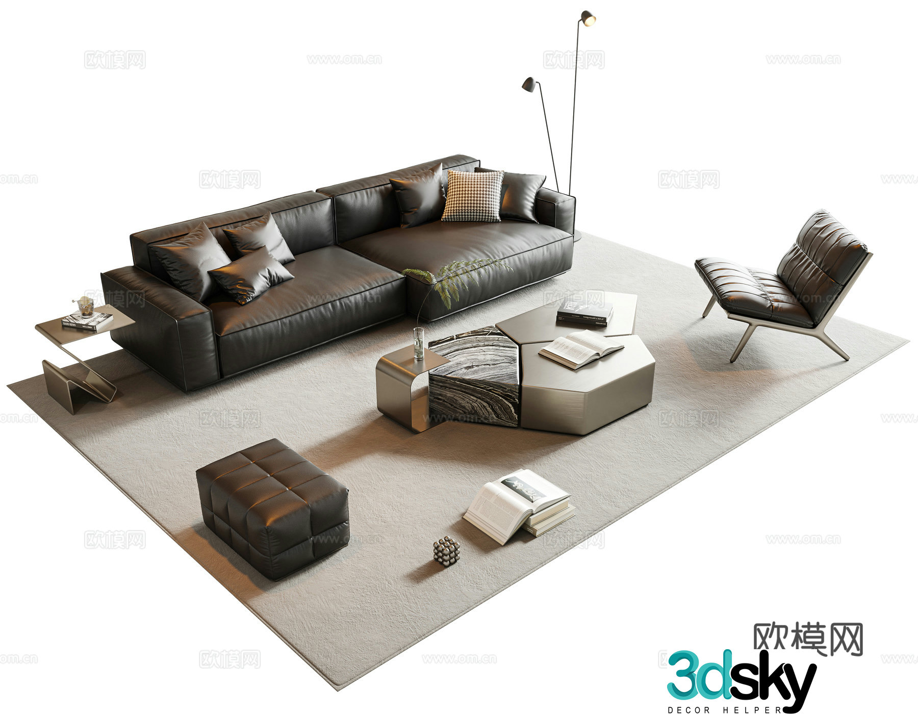 Italian sofa coffee table combination Modular sofa leather multi-person sofa Combination sofa Metal coffee table 3D model
