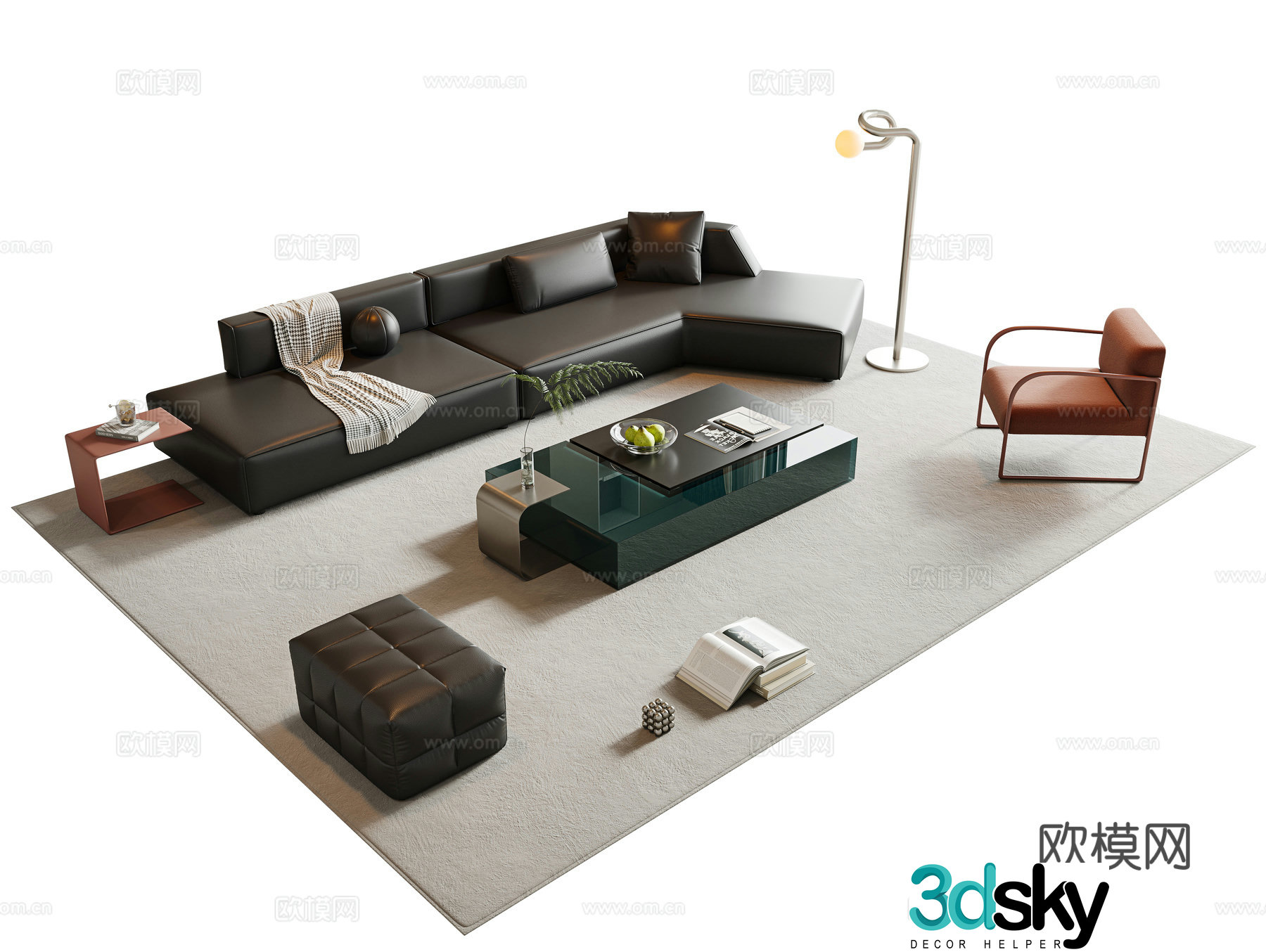 Italian sofa coffee table combination corner sofa leather sofa multi-person sofa square coffee table 3D model