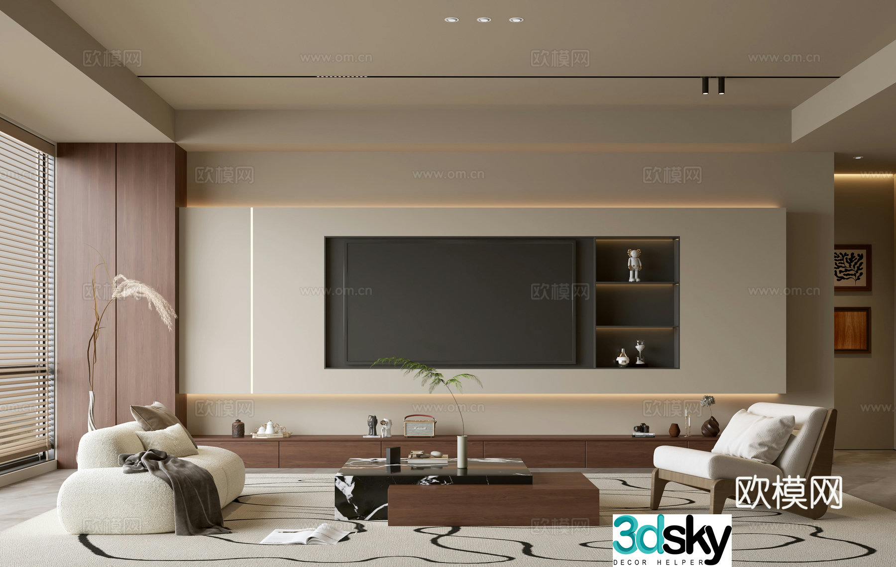 Middle-aged and silent living room Song style living room Light luxury TV background wall combination Coffee table Sofa combination 3D model