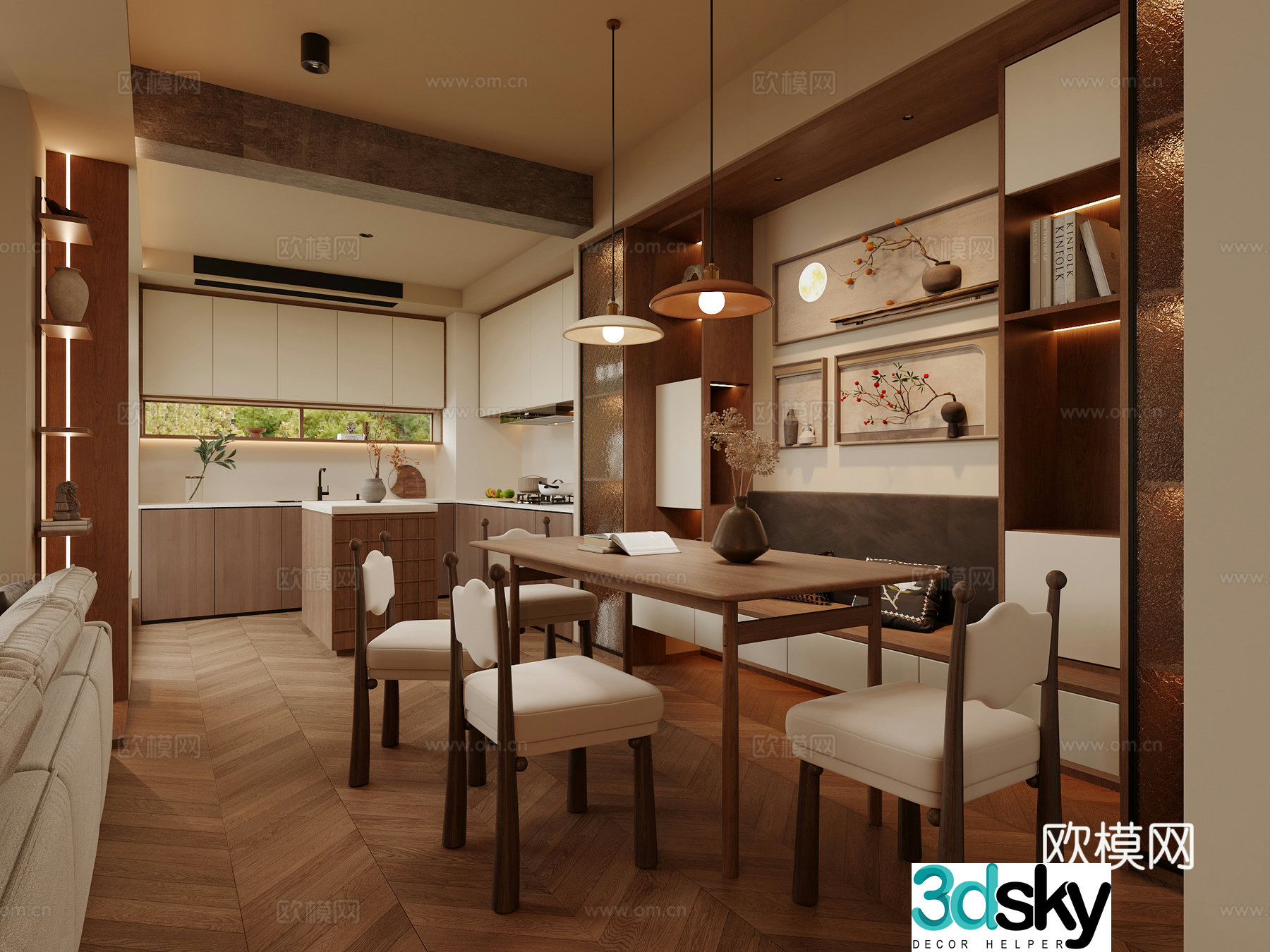 Chinese restaurant dining table and chair combination open kitchen card seat hanging painting 3D model