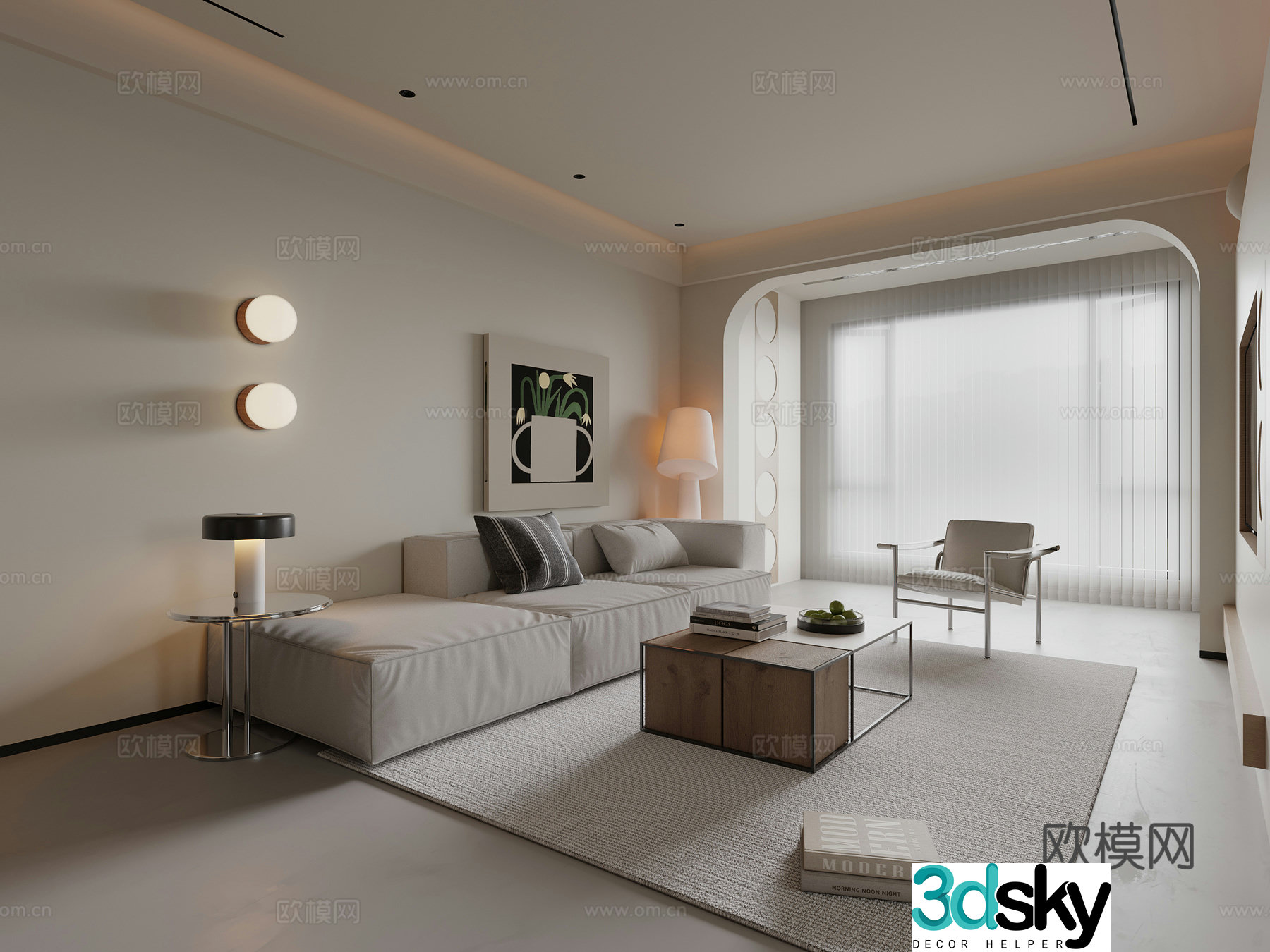 Modern minimalist cream style living room sofa coffee table combination floor lamp hanging painting wall lamp 3D model