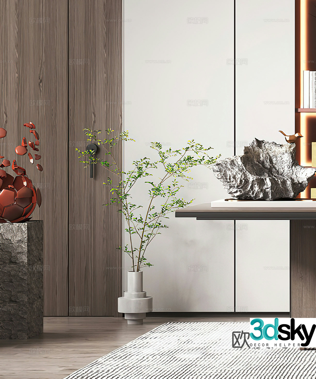 Modern potted plants bonsai ornaments decorations stones new Chinese potted plants simple 3D model of the entrance hall