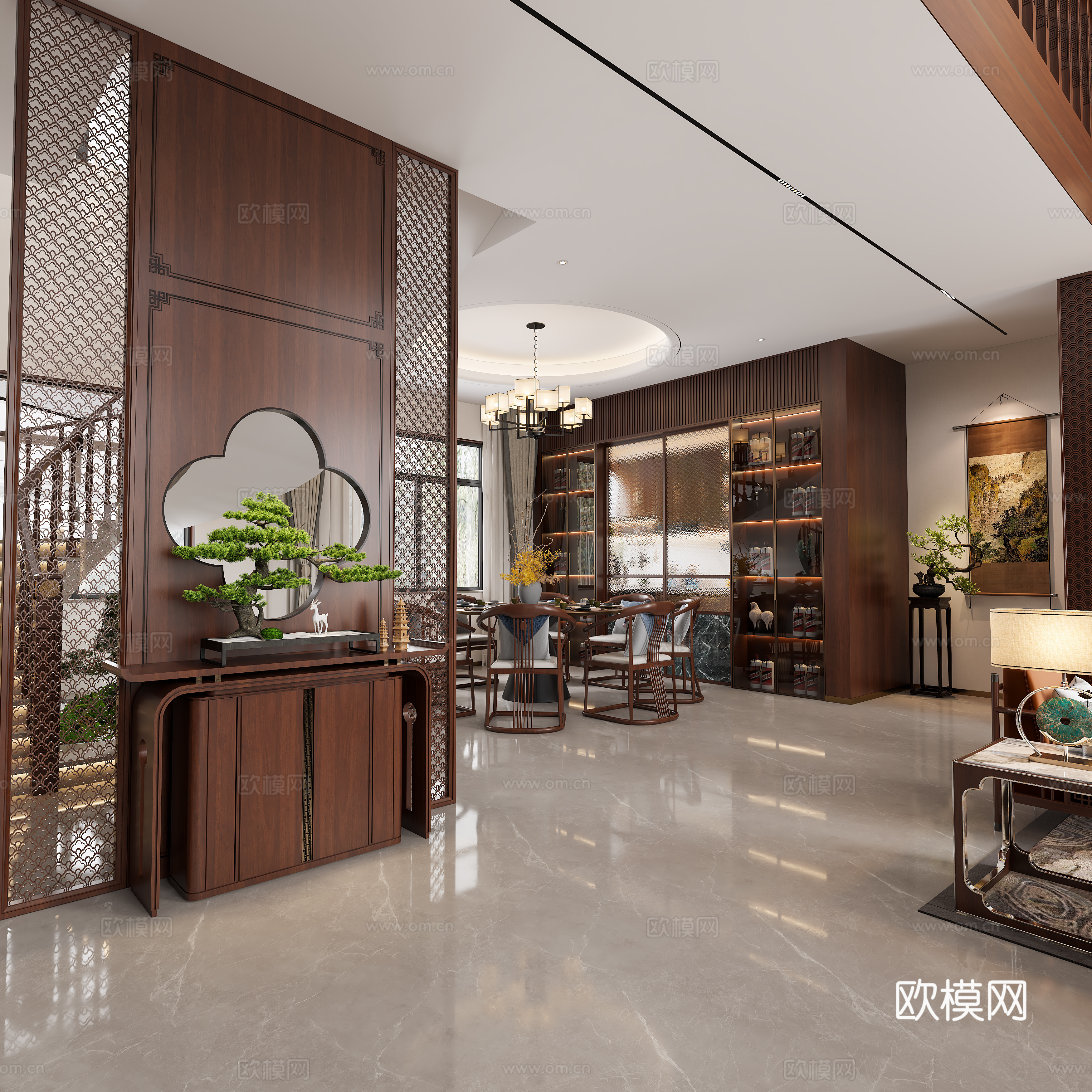 New Chinese style living and dining room New Chinese style villa New Chinese style entrance New Chinese style TV back 3D model