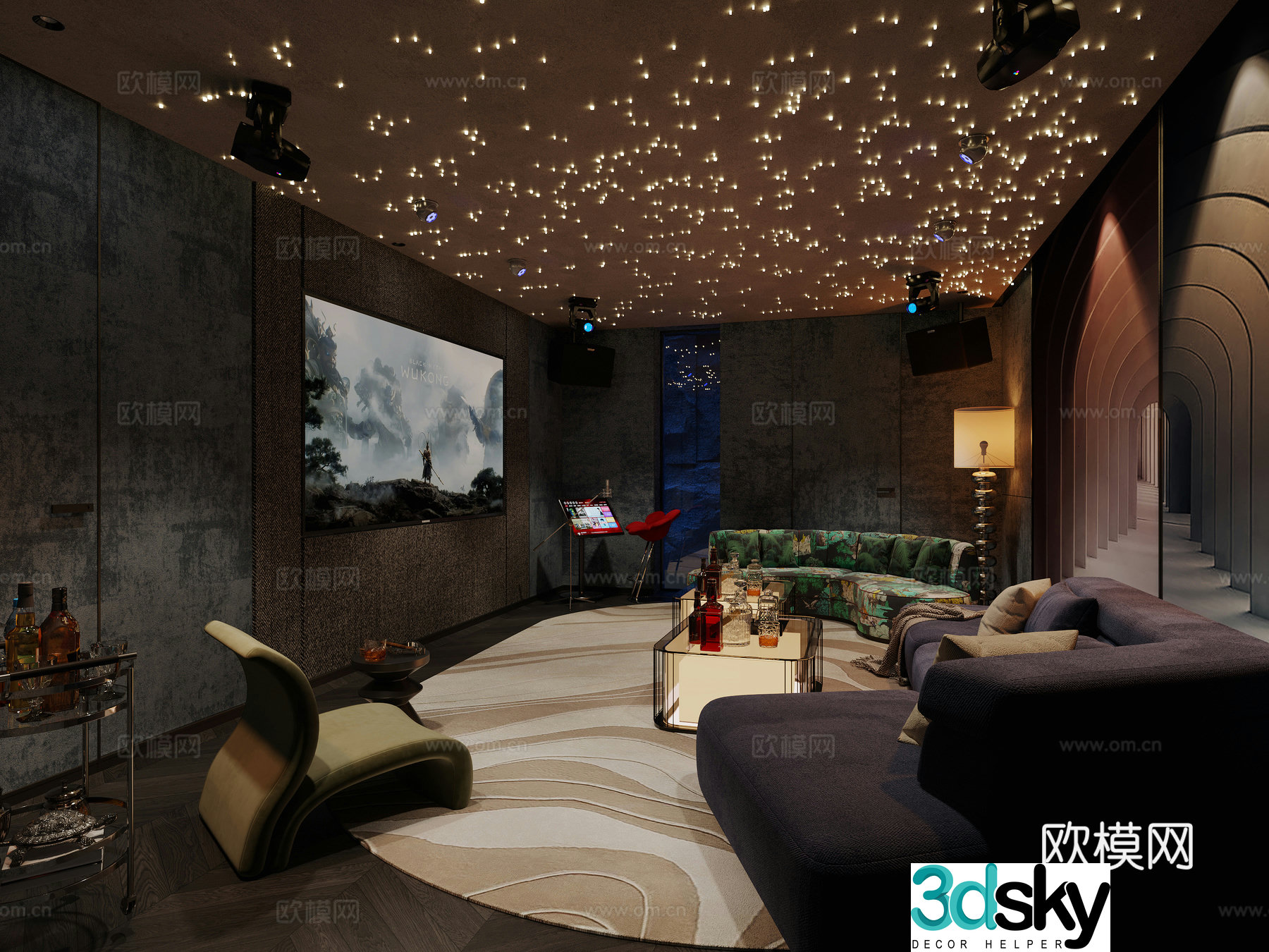 Villa Audio and Video Studio KTV Sofa Coffee Table Combination Starry Sky Top Floor Lamp 3D Model