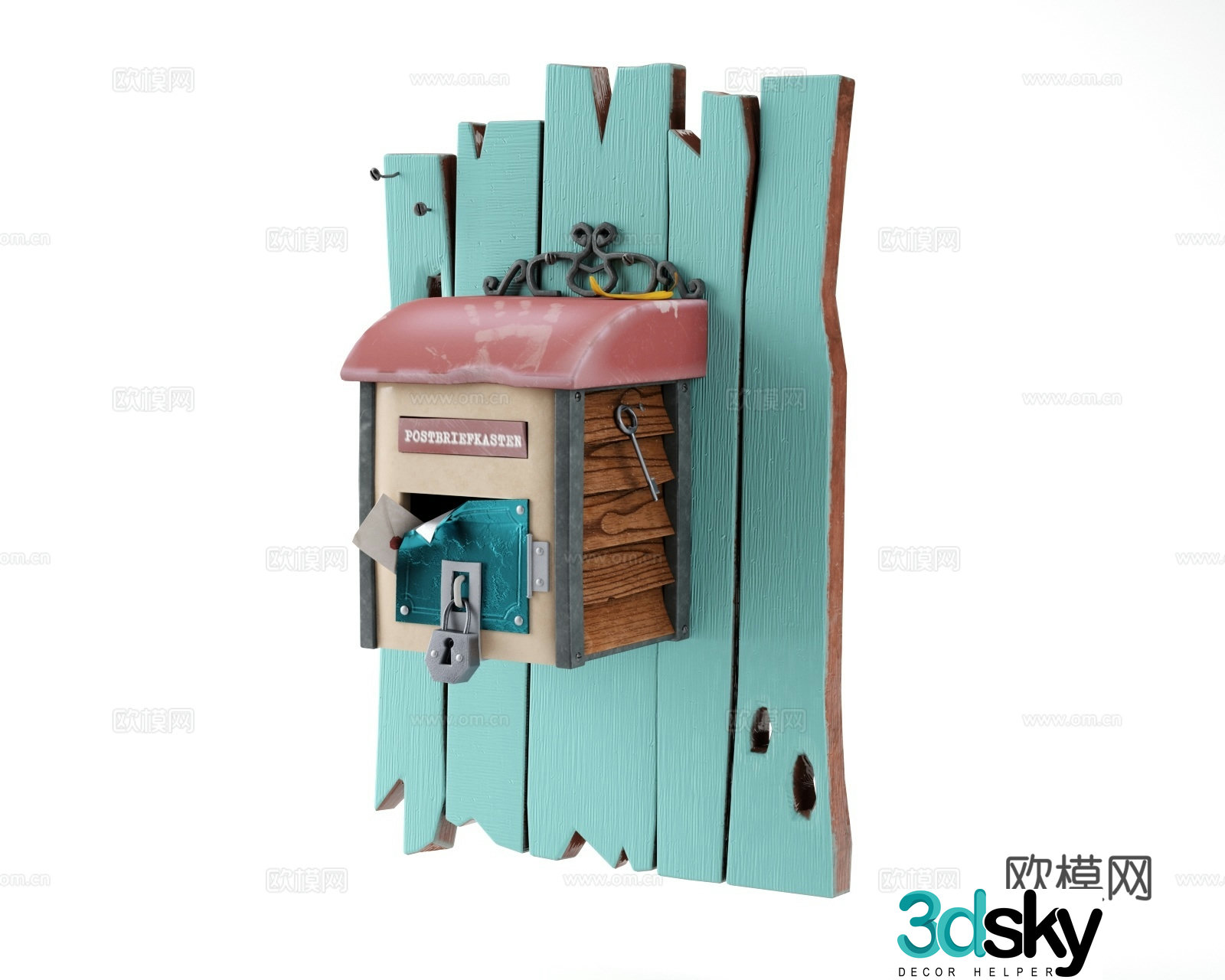 Cartoon mailbox Email Cartoon scene Low-faced mailbox Cartoon wooden board Key Lock 3d model