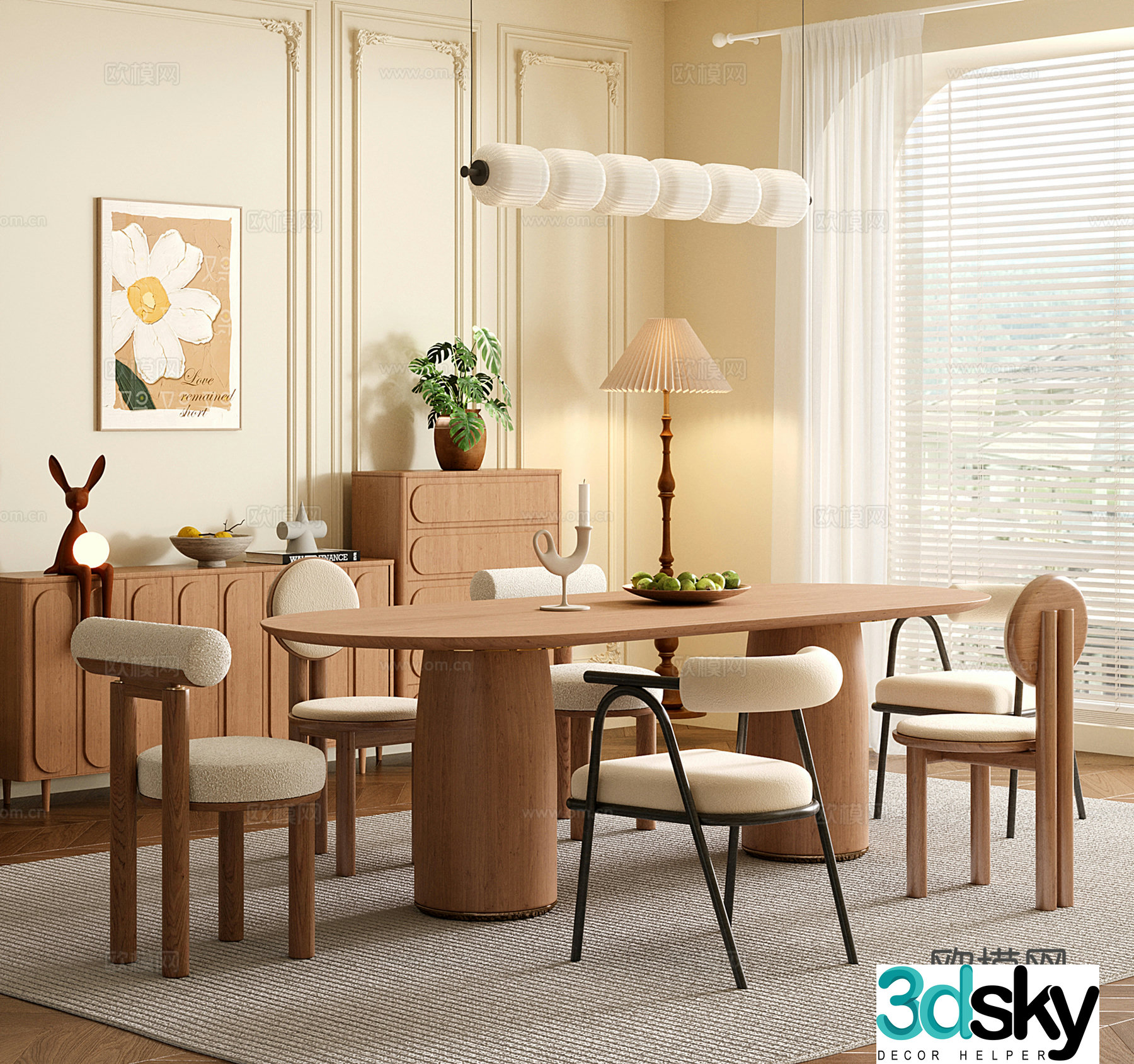 French restaurant dining table and chair sideboard 3d model