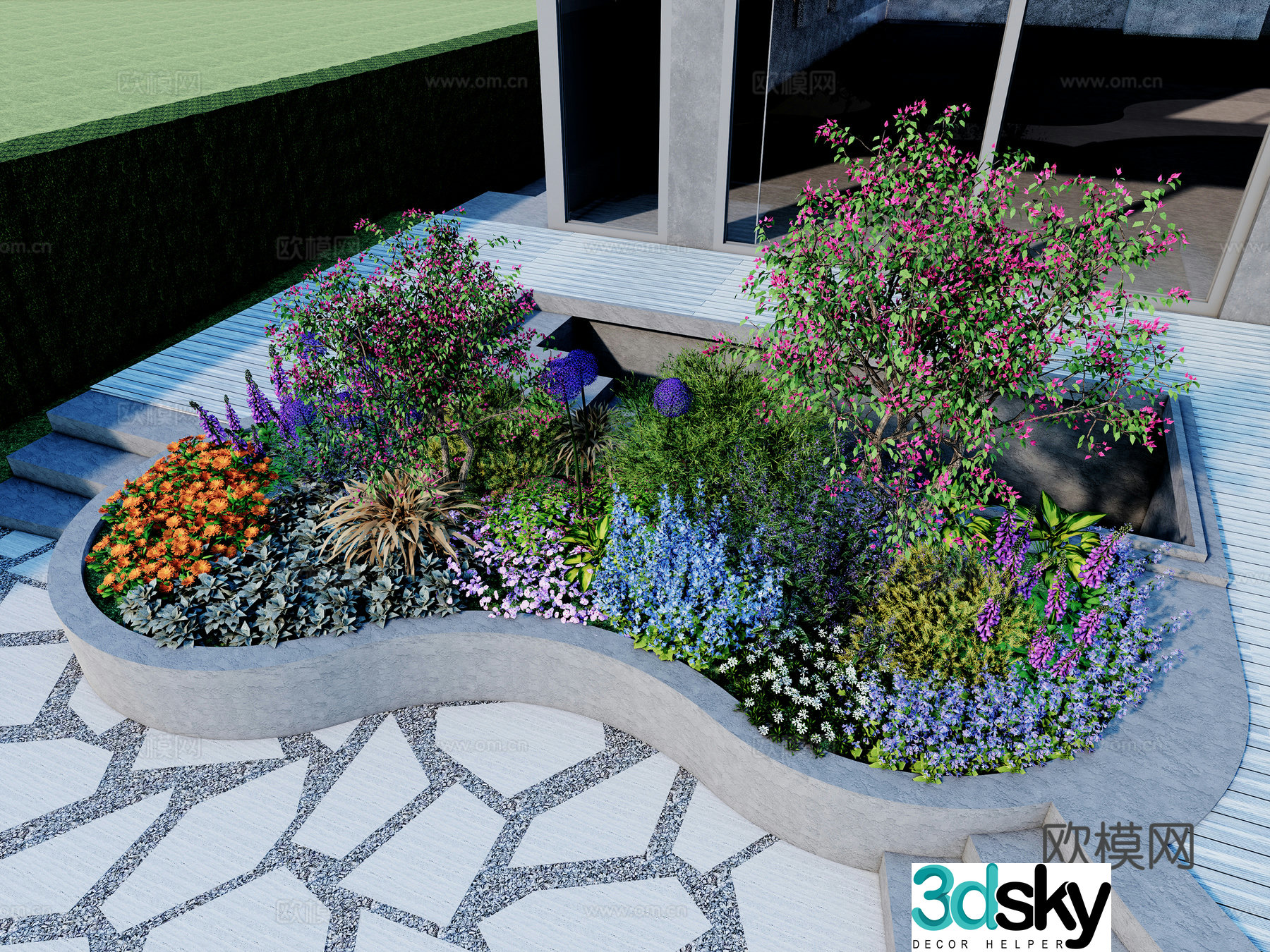 Modern plant group Flower bed flower border British American flower border Shrub grass flower plant combination 3D model