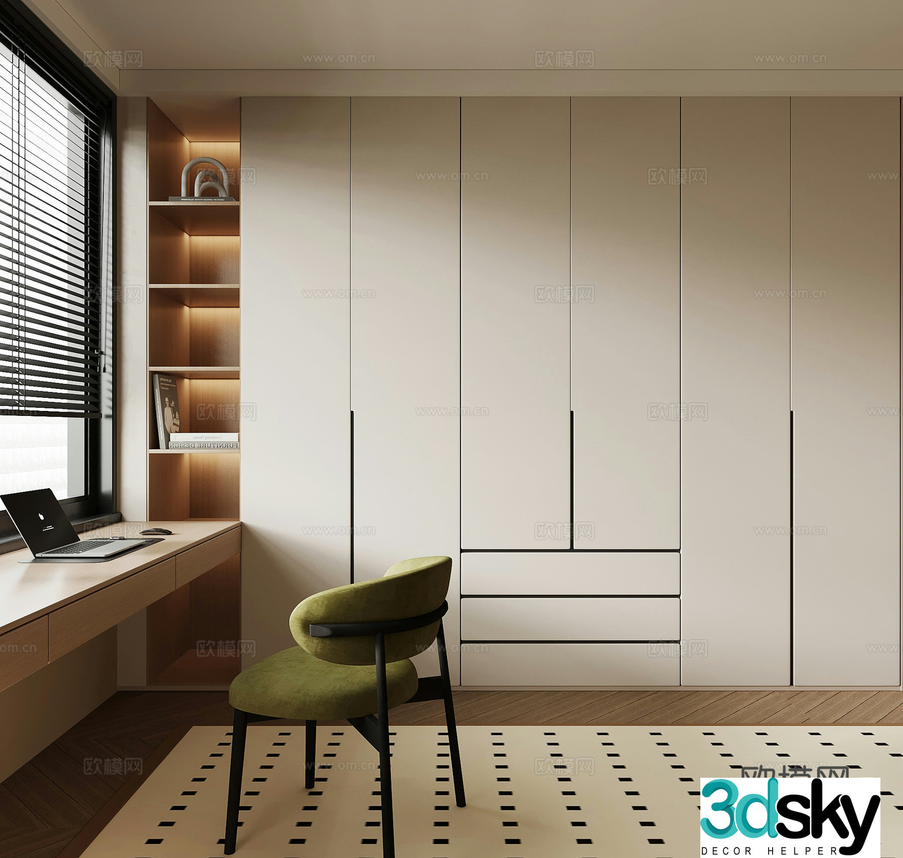 French cream windbreaker bay window desk computer 3d model