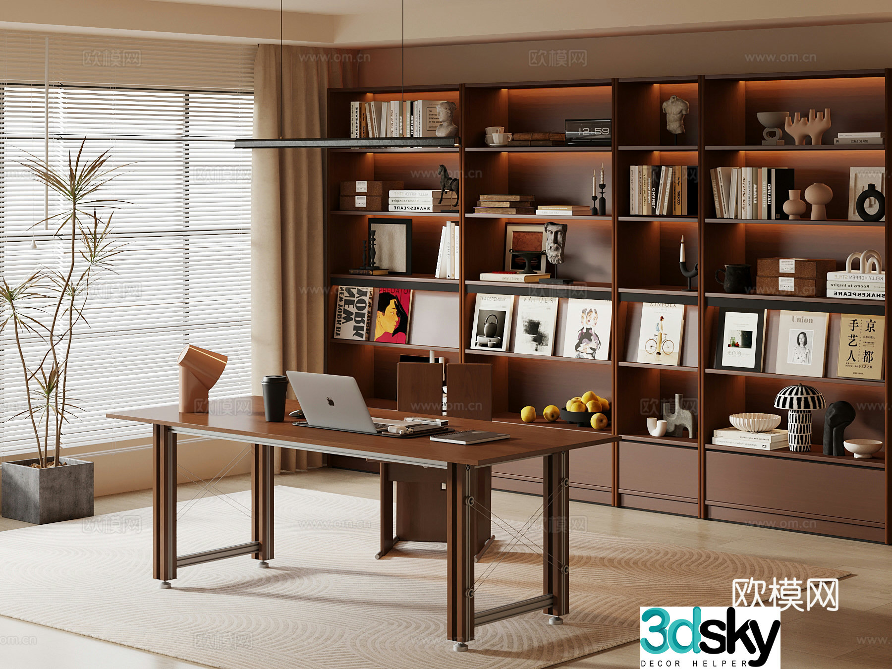 Middle-aged study bookcase desk and chair 3D model