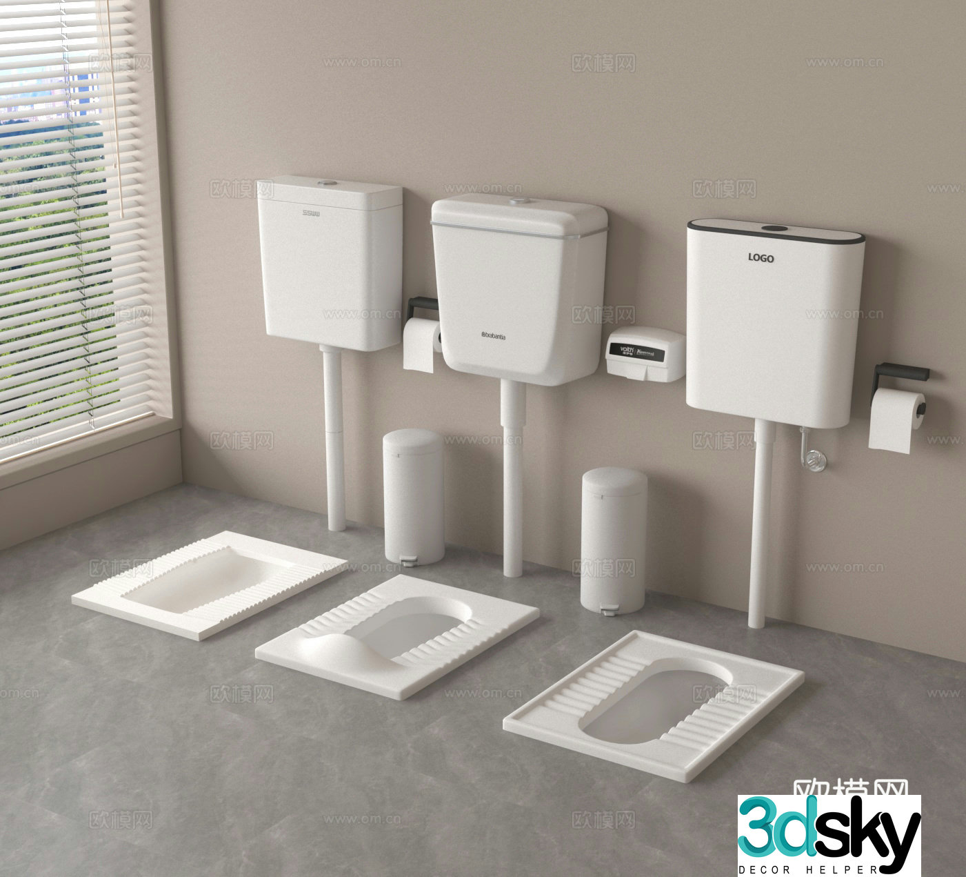 Squat toilet Squat toilet Trash can Roll paper holder 3D model