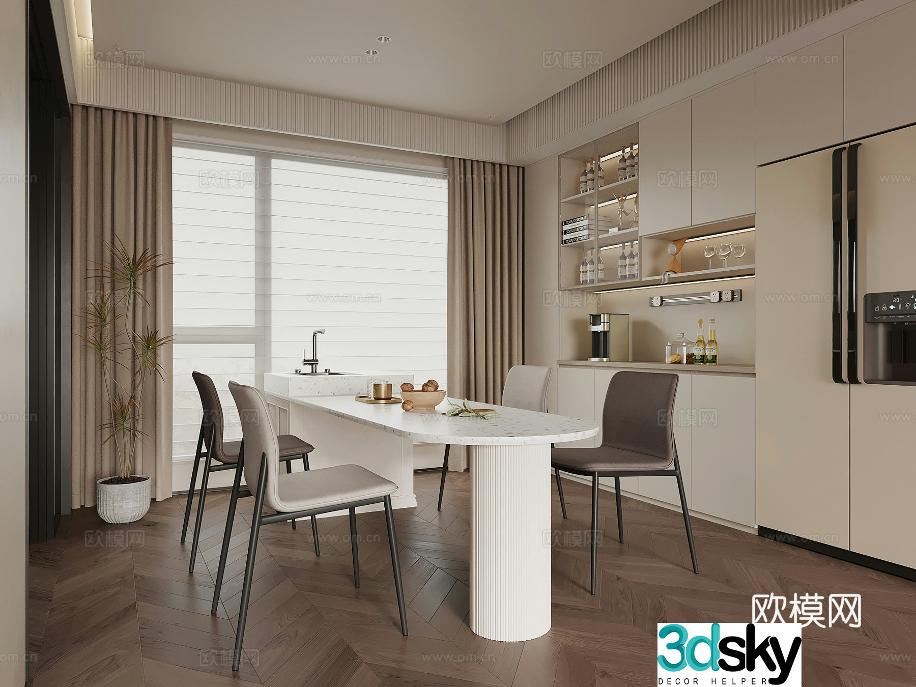 French cream restaurant wine cabinet sideboard dining table island 3D model
