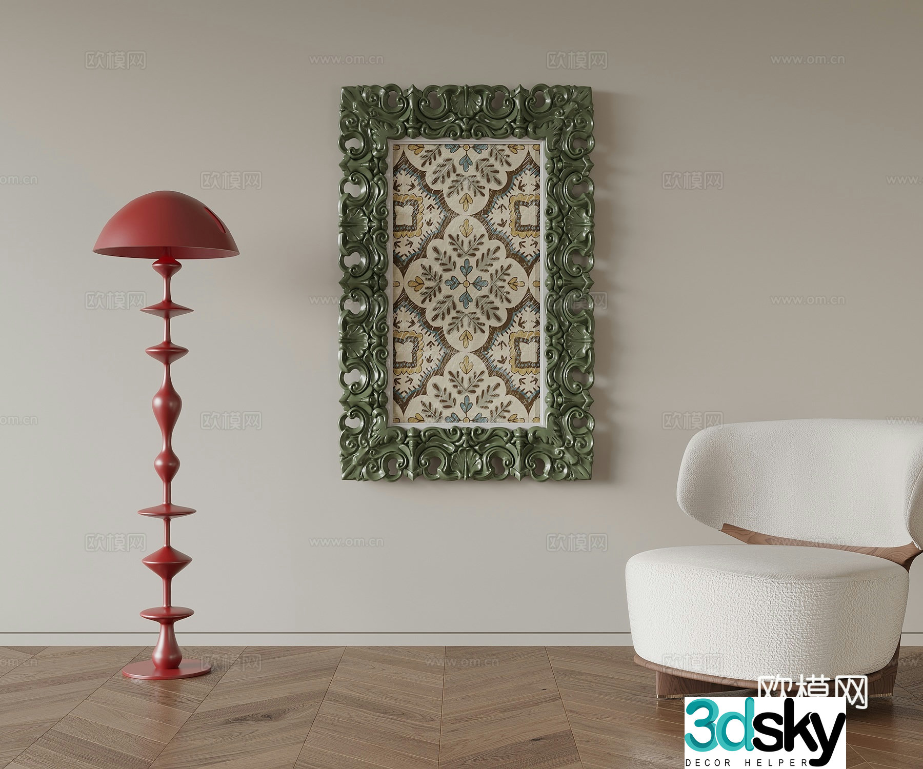 Retro style single sofa casual sofa floor lamp decorative painting 3D model