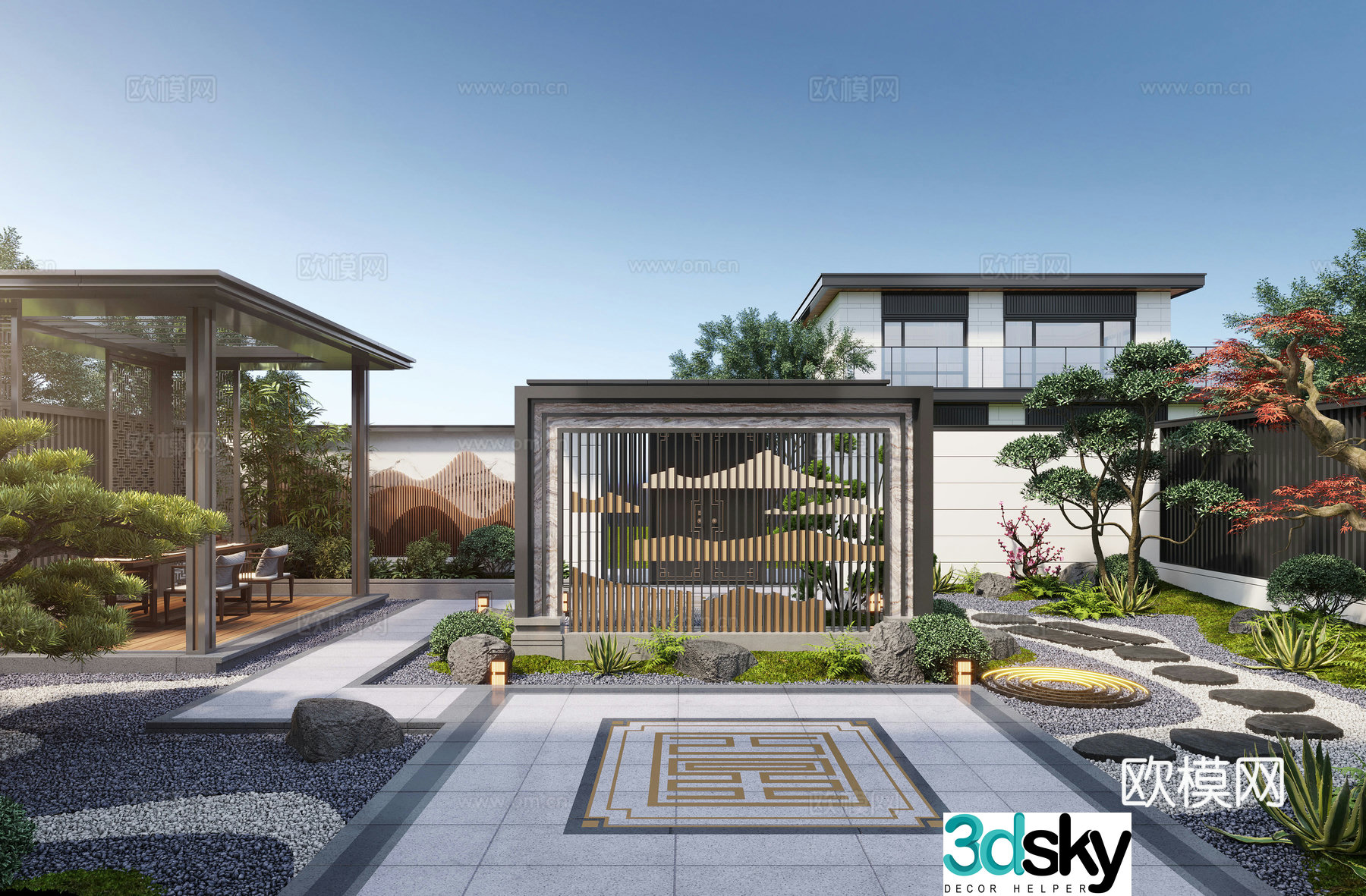New Chinese style courtyard landscape family courtyard landscape sketch pavilion rockery waterscape landscape wall 3D model