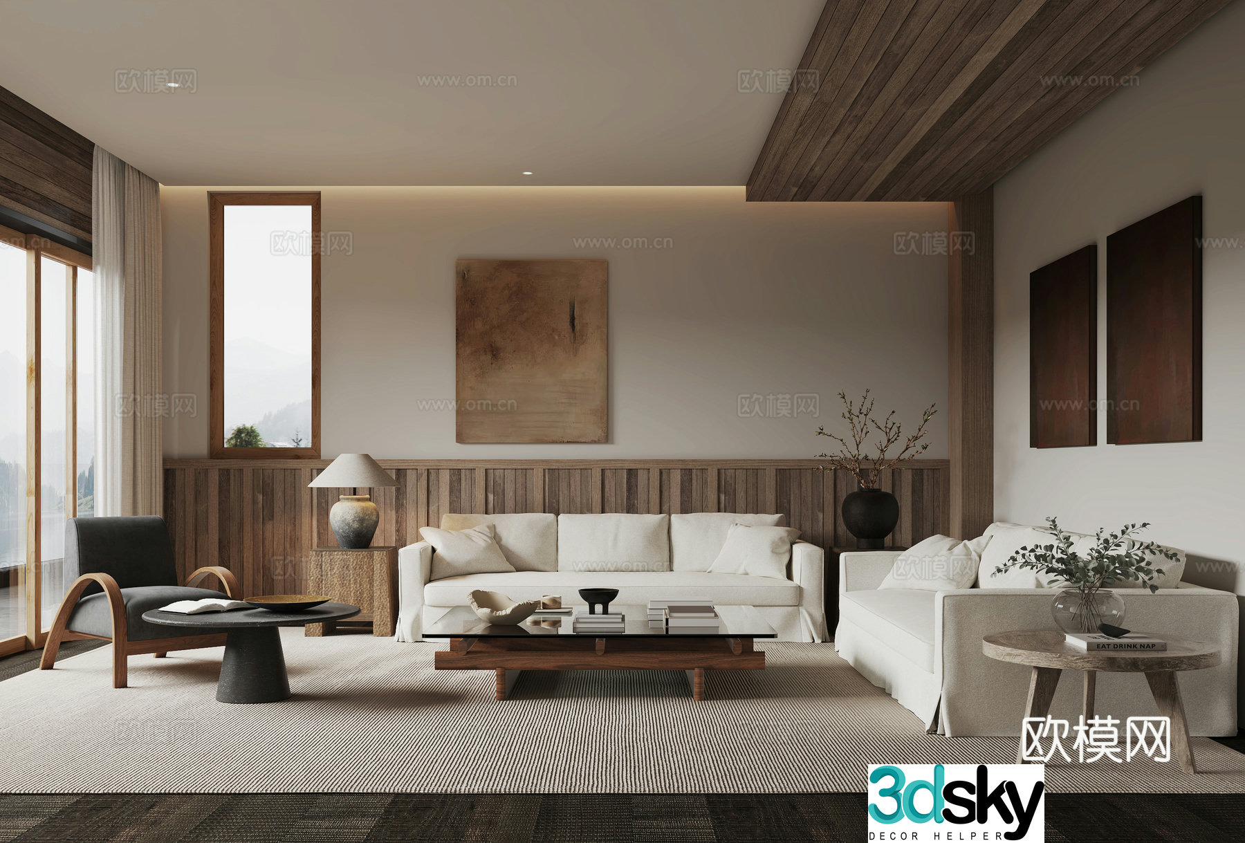 Wasabi Living Room Sofa Coffee Table Combination Leisure Chair Round Table Lamp Decoration Painting Carpet Decoration 3D Model