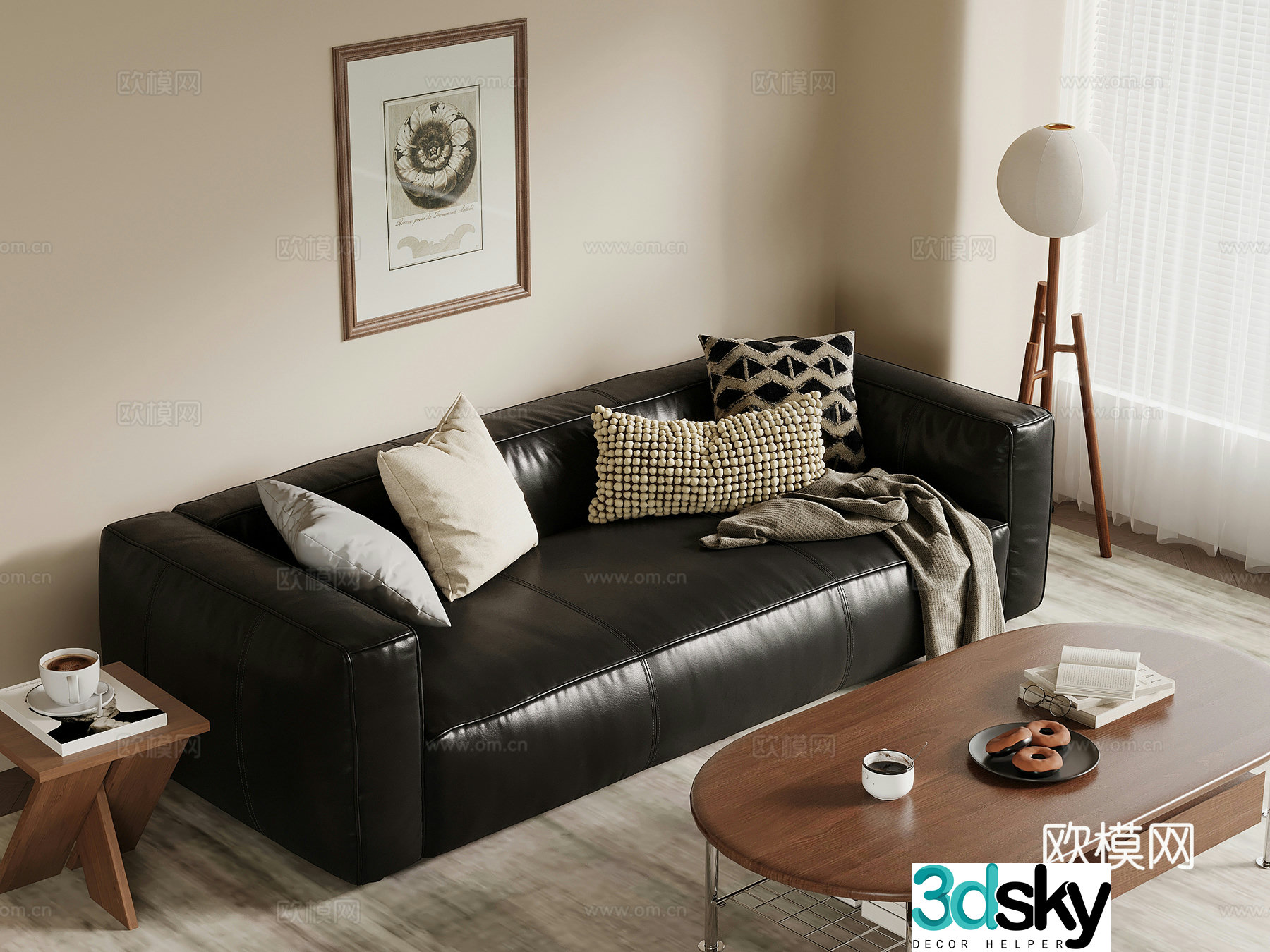 Retro style multi-person sofa leather sofa coffee table hanging painting floor lamp 3d model