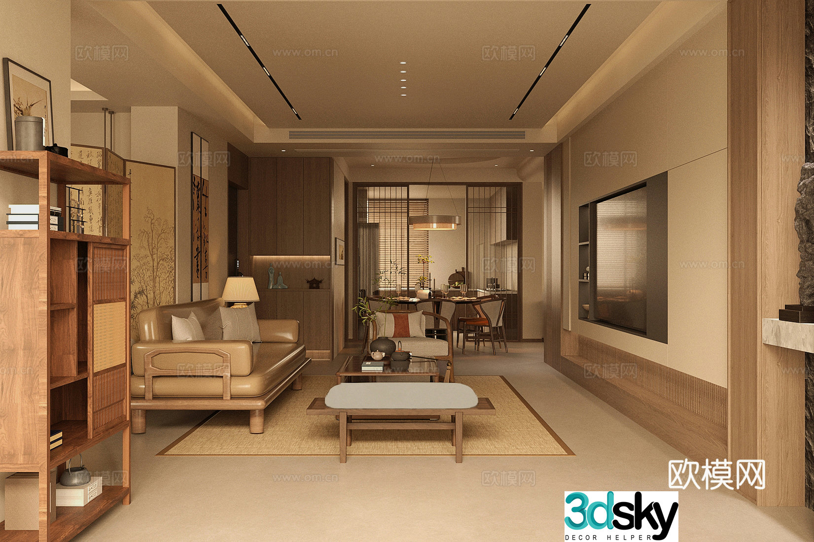 New Chinese Zen Home Living Room Song-style Aesthetic Living Room Chinese Living Room Chinese Sofa Coffee Table Combination 3D Model