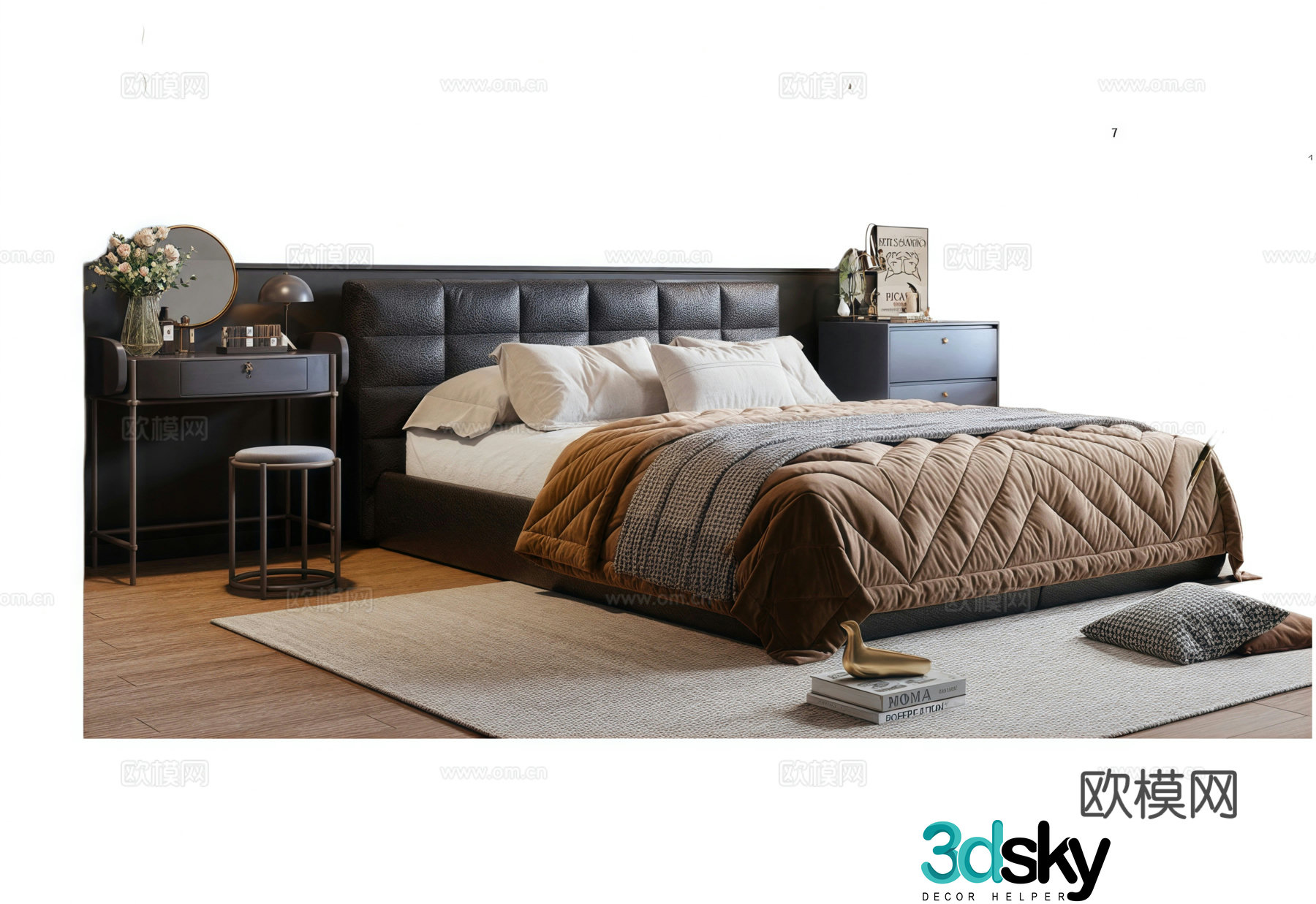 Modern Italian double bed leather bed fabric bed bed nightstand dressing table 3D model