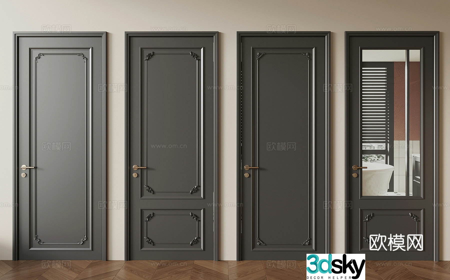 French single-open door interior door glass door 3d model