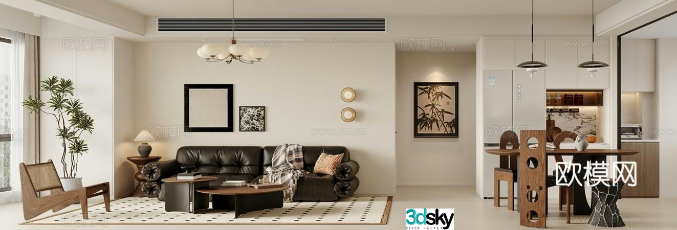 Medium cream living and dining room 3d model