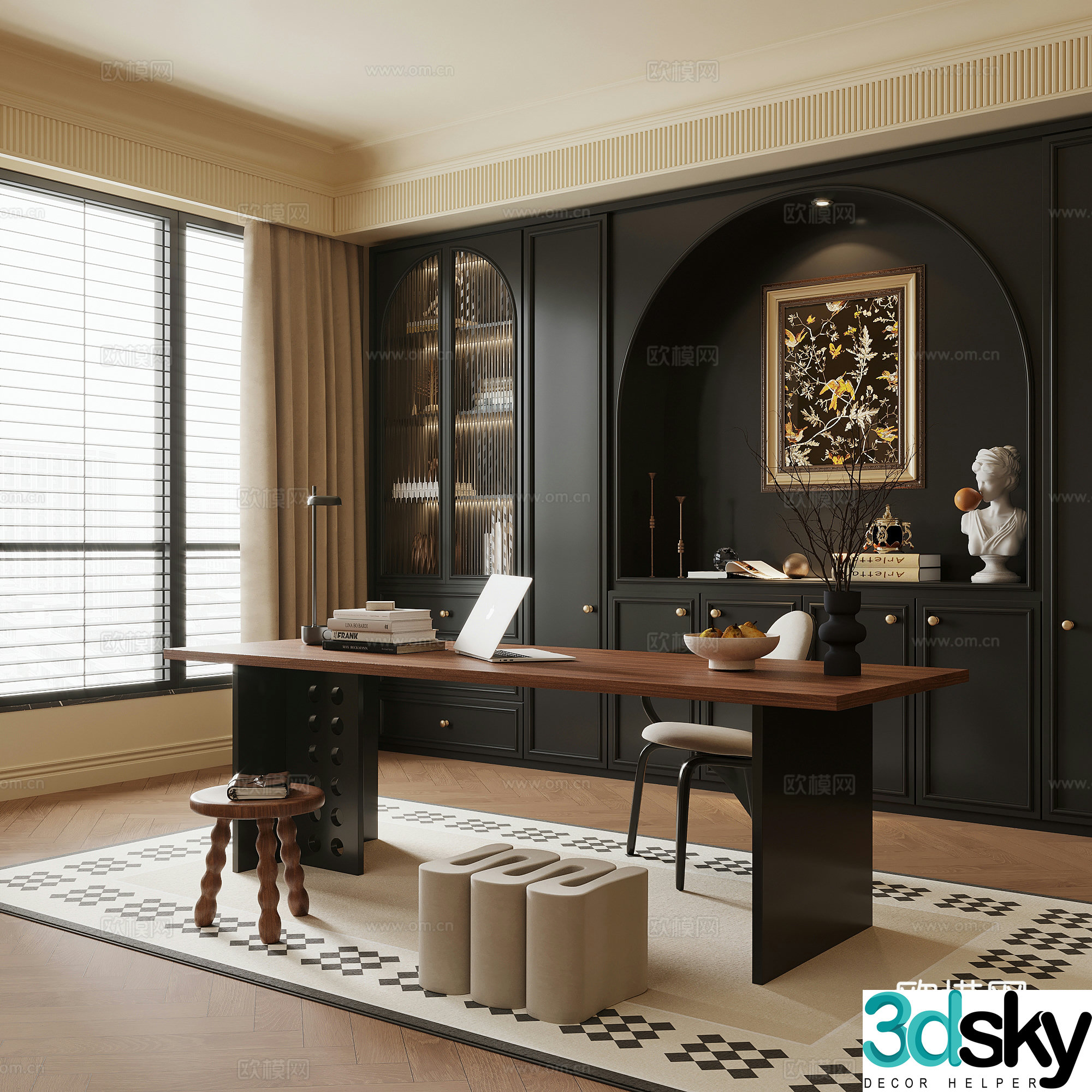 French medieval style study bookcase desk and chair 3D model