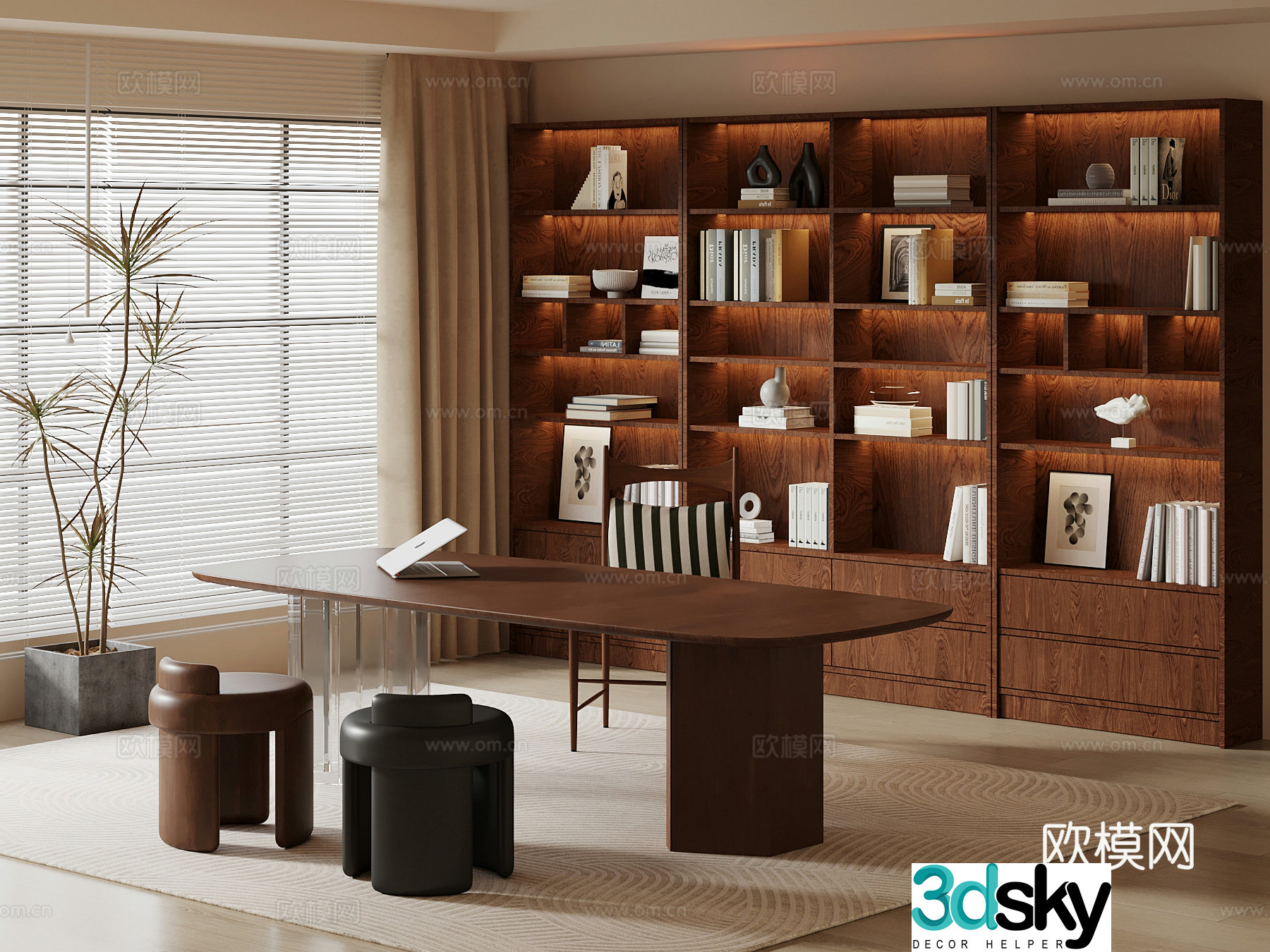 Middle-aged study bookcase desk and chair 3D model
