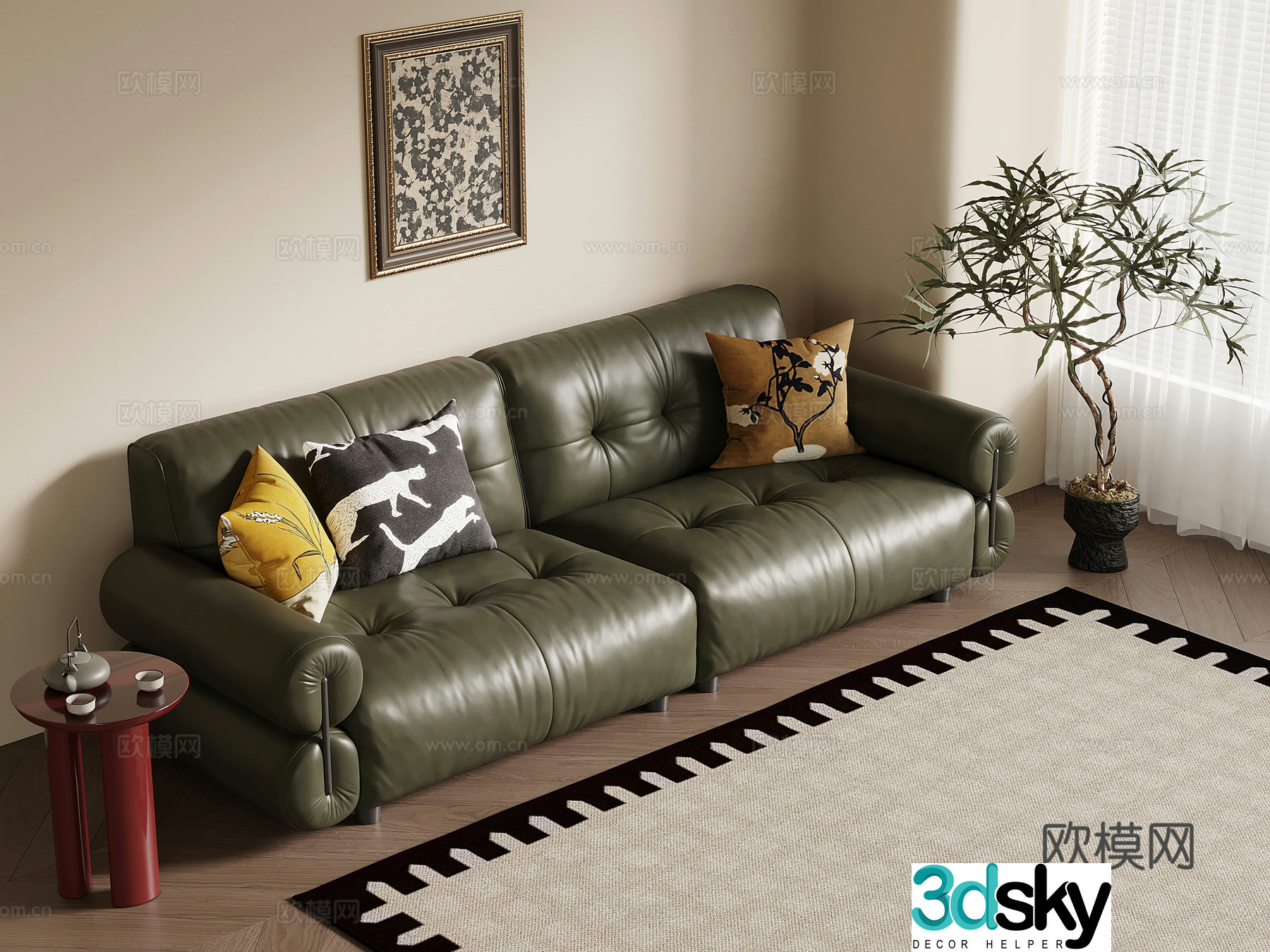 Retro style multi-person sofa leather sofa green plant potted plants side table decoration hanging painting 3D model
