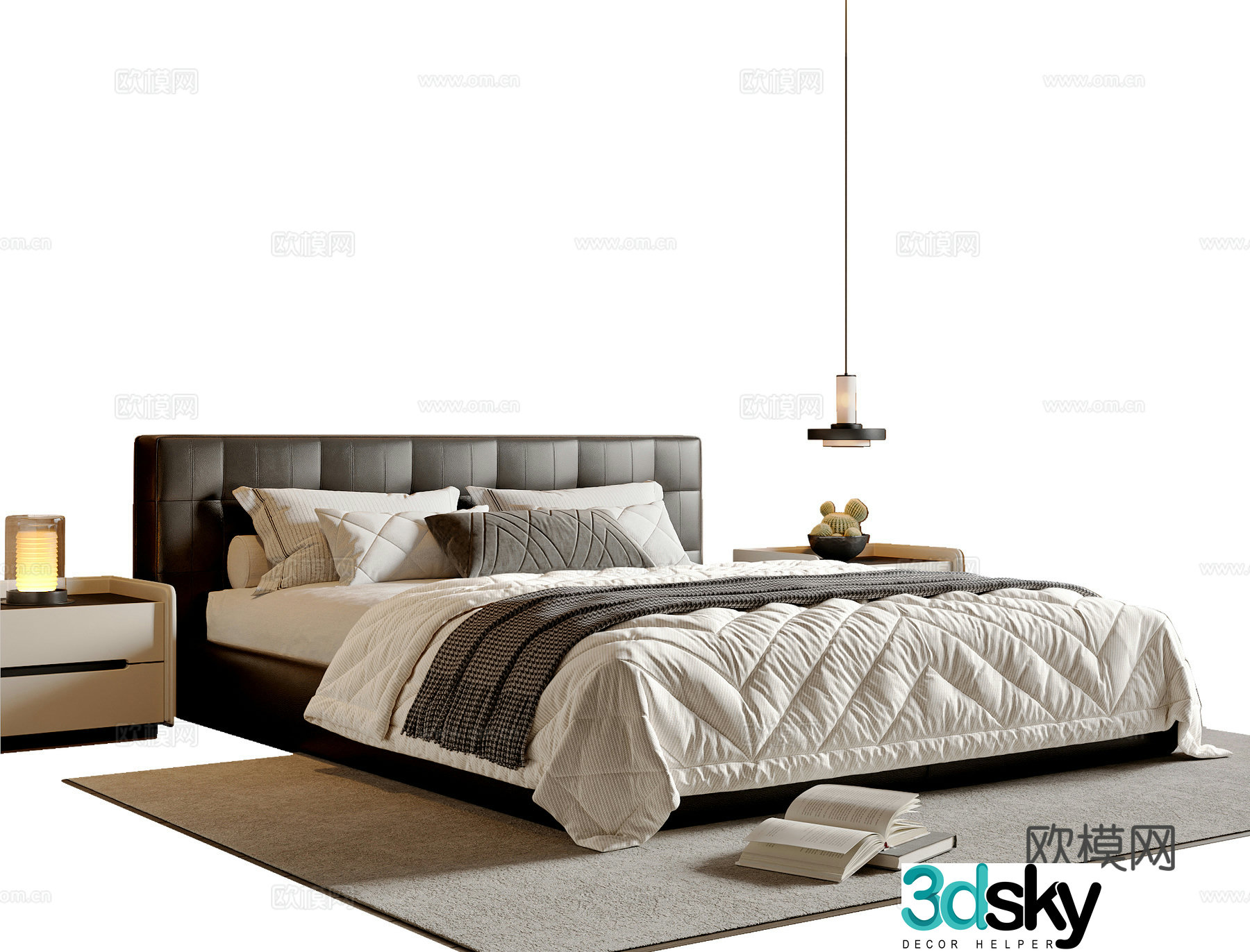 Modern simple double bed Double bed Table lamp Chandelier 3d model