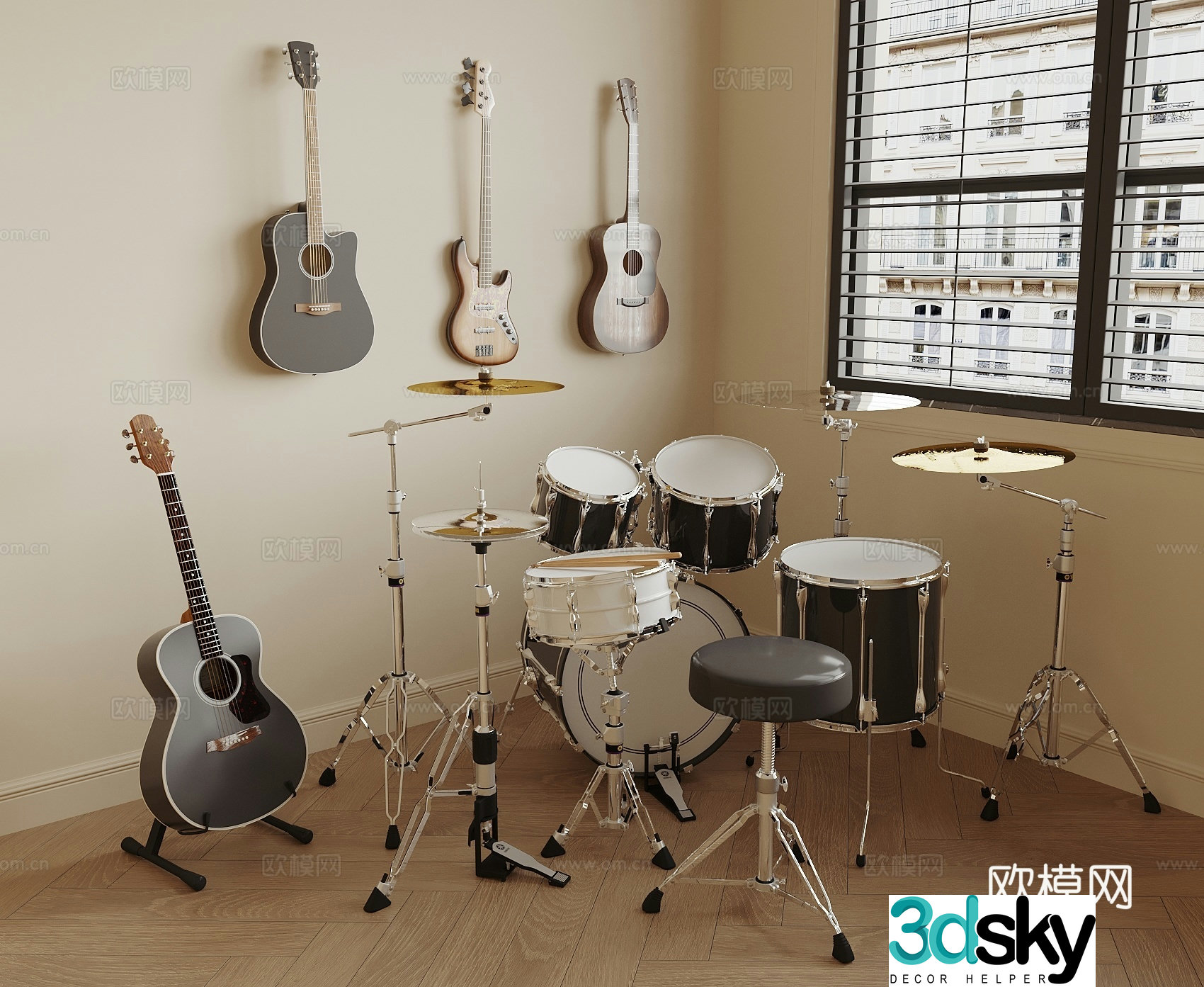 drum set guitar electric guitar 3d model