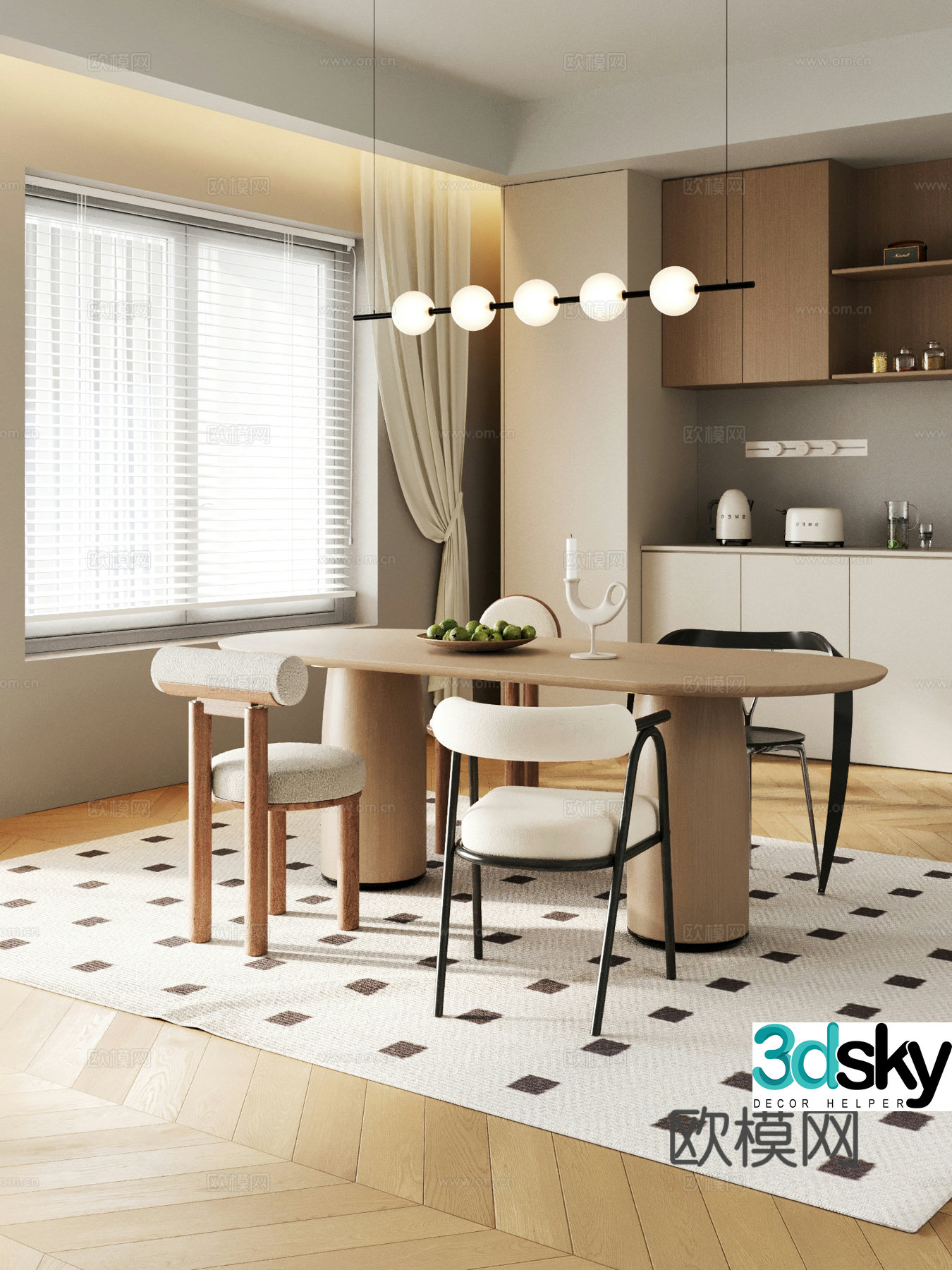 Modern Cream Style Restaurant Dining Table Wine Cabinet 3D Model