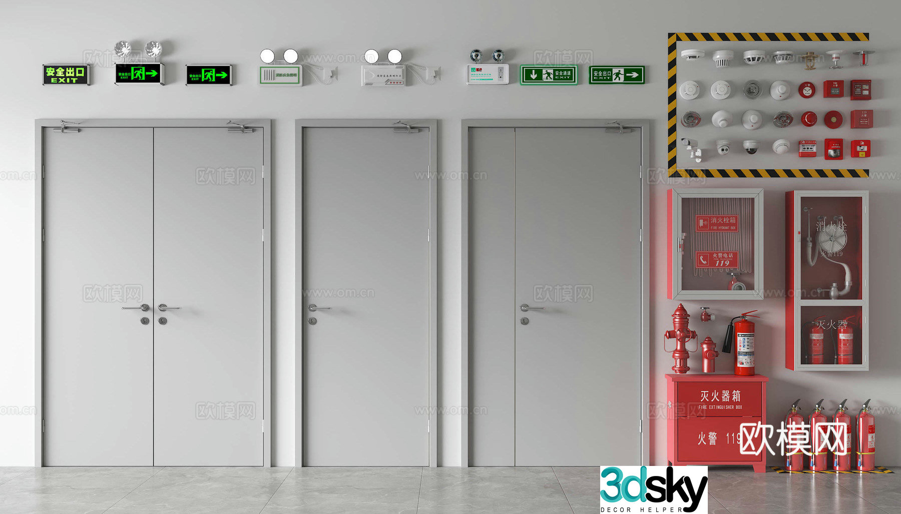 Modern fire door Fire door Safety door Fire hydrant Fire extinguisher Safety exit Firefighter 3d model