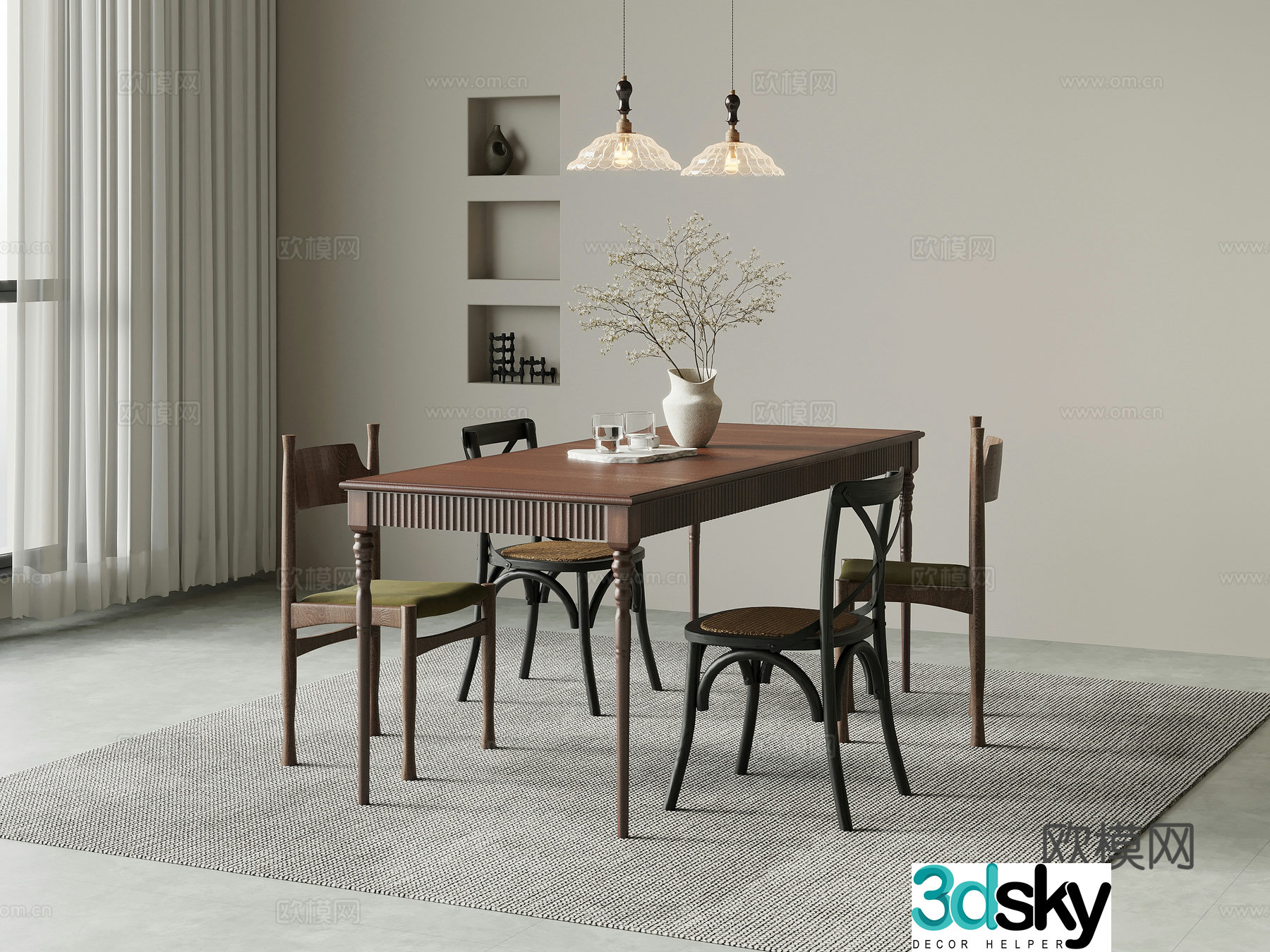Dining table and chair combination retro style dining table and chair 3D model