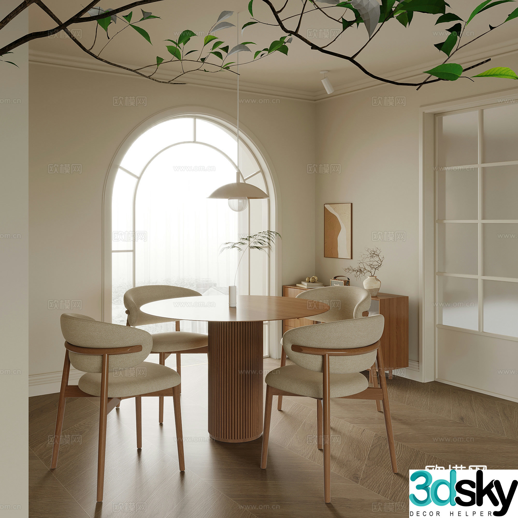 French cream style restaurant dining table and chair combination sideboard 3D model