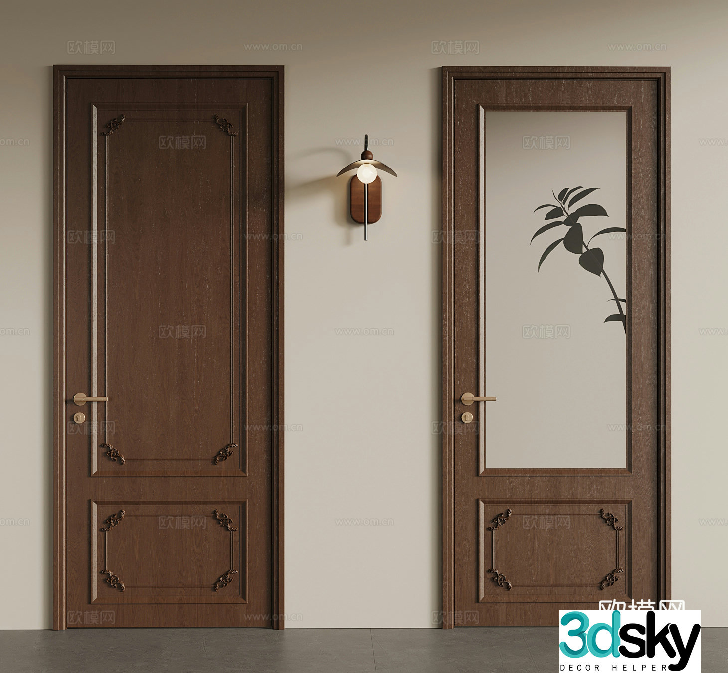 Medium style single-open door interior door glass door 3d model