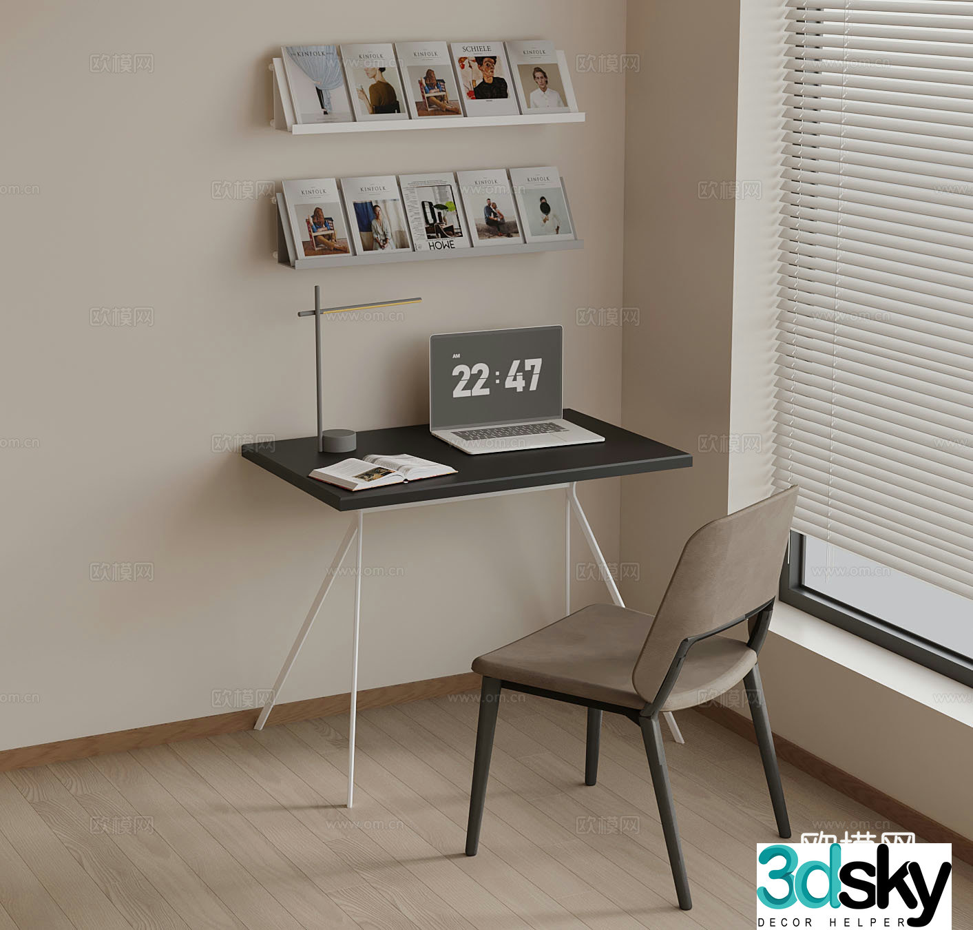 Modern desk and chair Study table Bookshelf 3d model