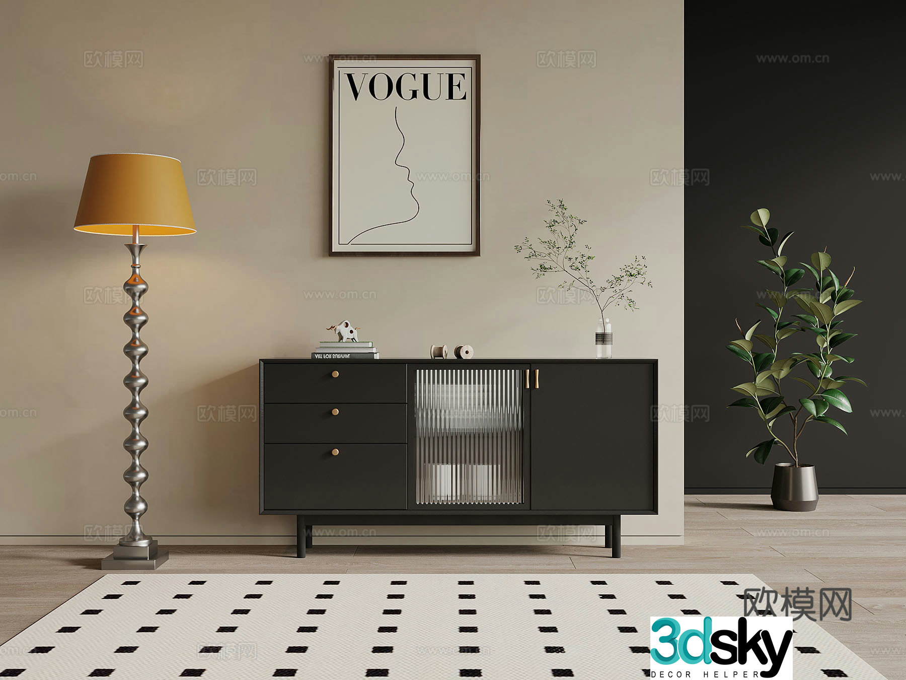 French retro style side cabinet end view cabinet floor lamp 3d model