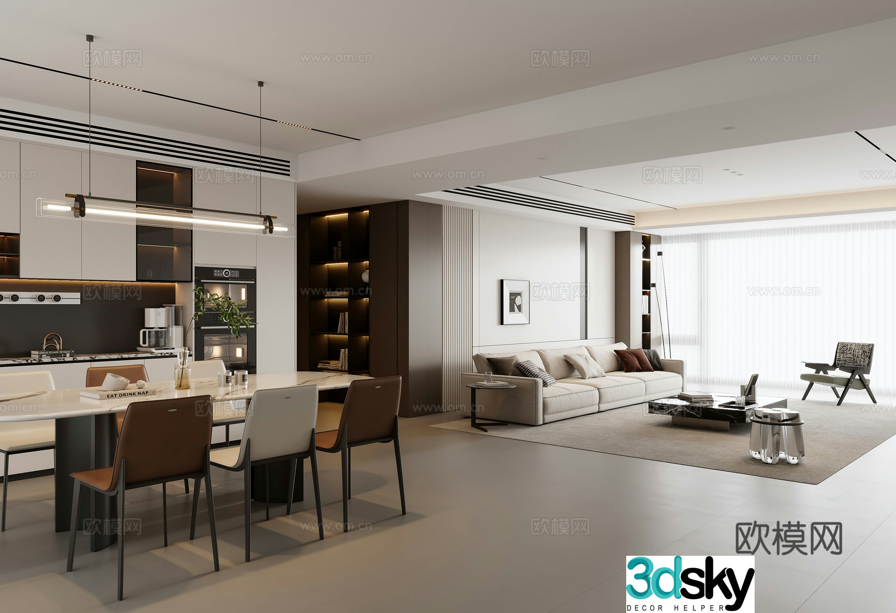 Modern living and dining room 3d model