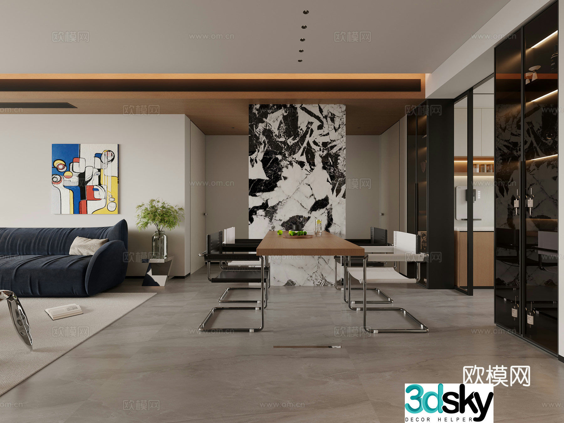 Modern log minimalist restaurant dining table and chair combination hanging painting panda marble 3d model