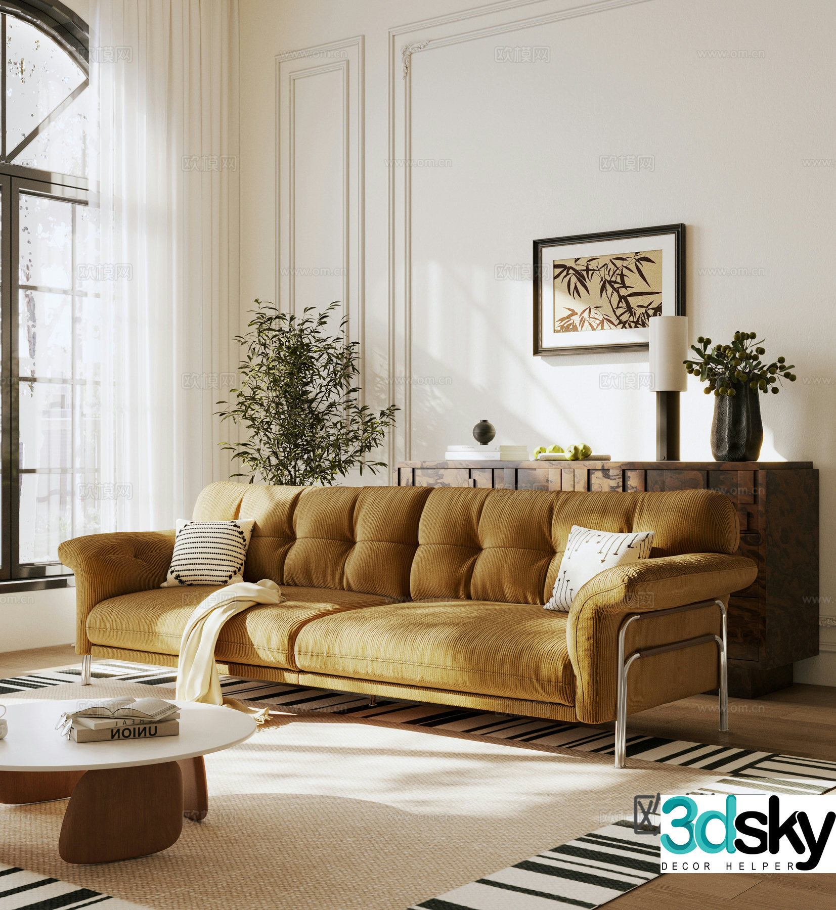 French medieval multi-person sofa cloth sofa casual sofa straight-row sofa 3D model