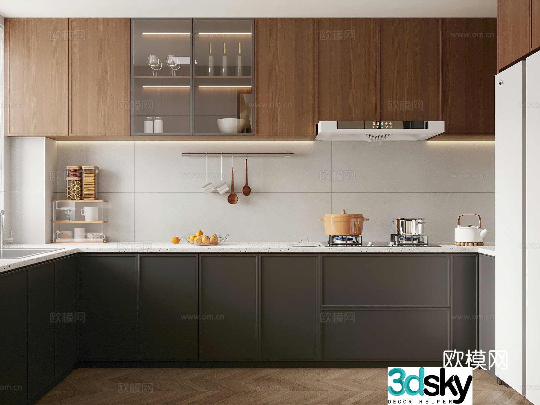 Middle-aged kitchen cabinets kitchen utensils refrigerator stove stove 3D model