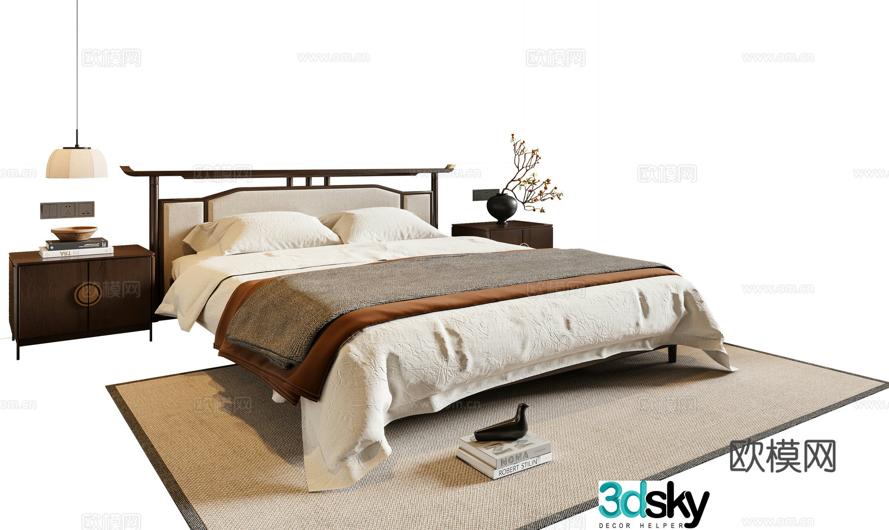 New Chinese style double bed solid wood bed nightstand chandeliers carpet 3D model