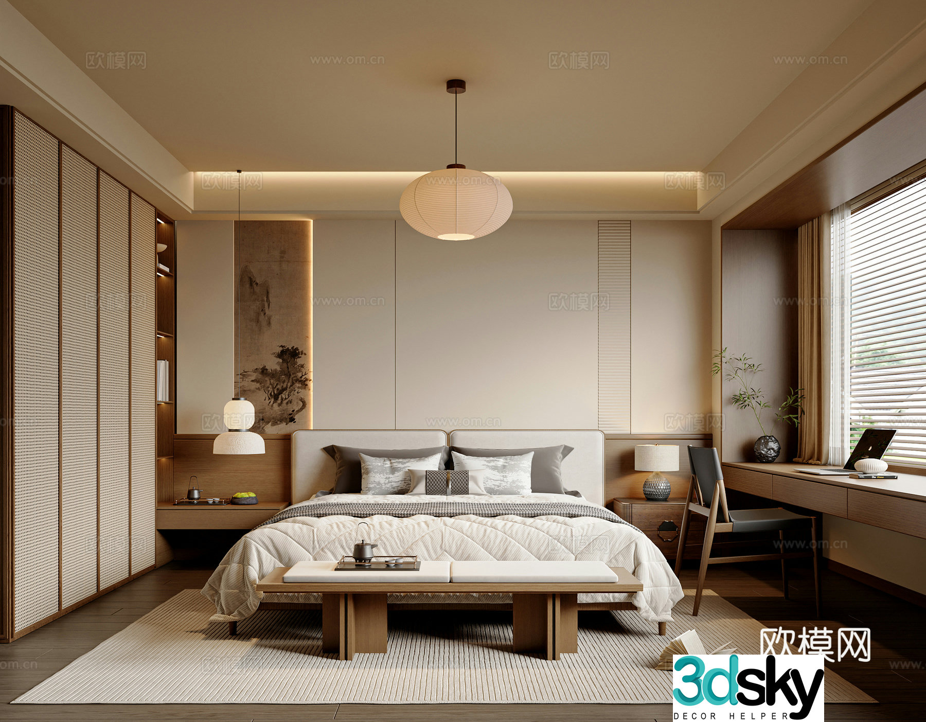 New Chinese style Song style bedroom fabric double bed book chair wardrobe bedroom desk and chair new Chinese style 3D model