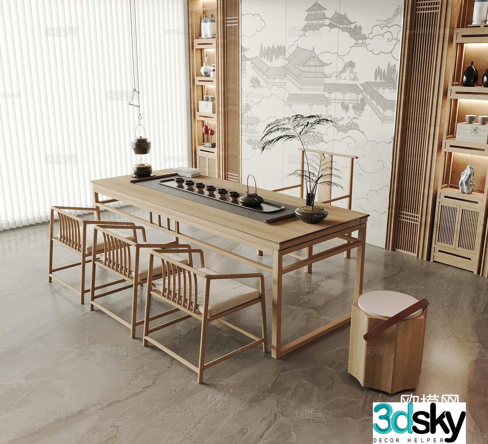 New Chinese-style tea room tea table and chair tea cabinet tea set hanging teapot 3D model