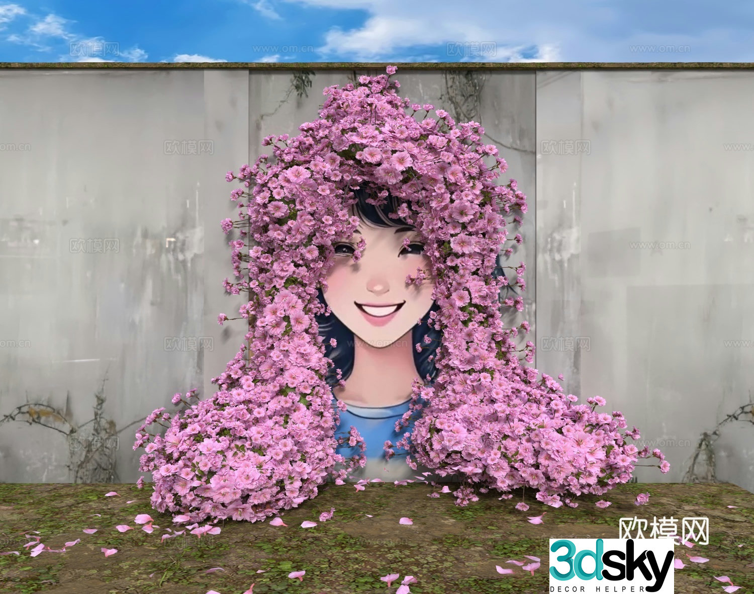 Wall-painted flowers and beautiful 3D model