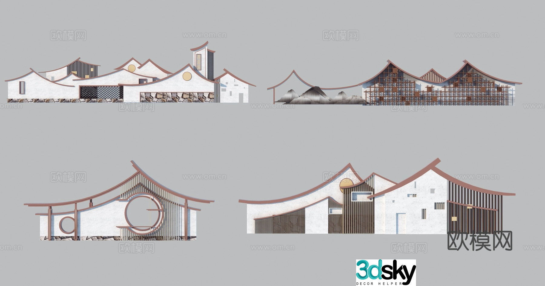 New Chinese style slope roof mountain-shaped landscape wall fence_marked wall 3D model