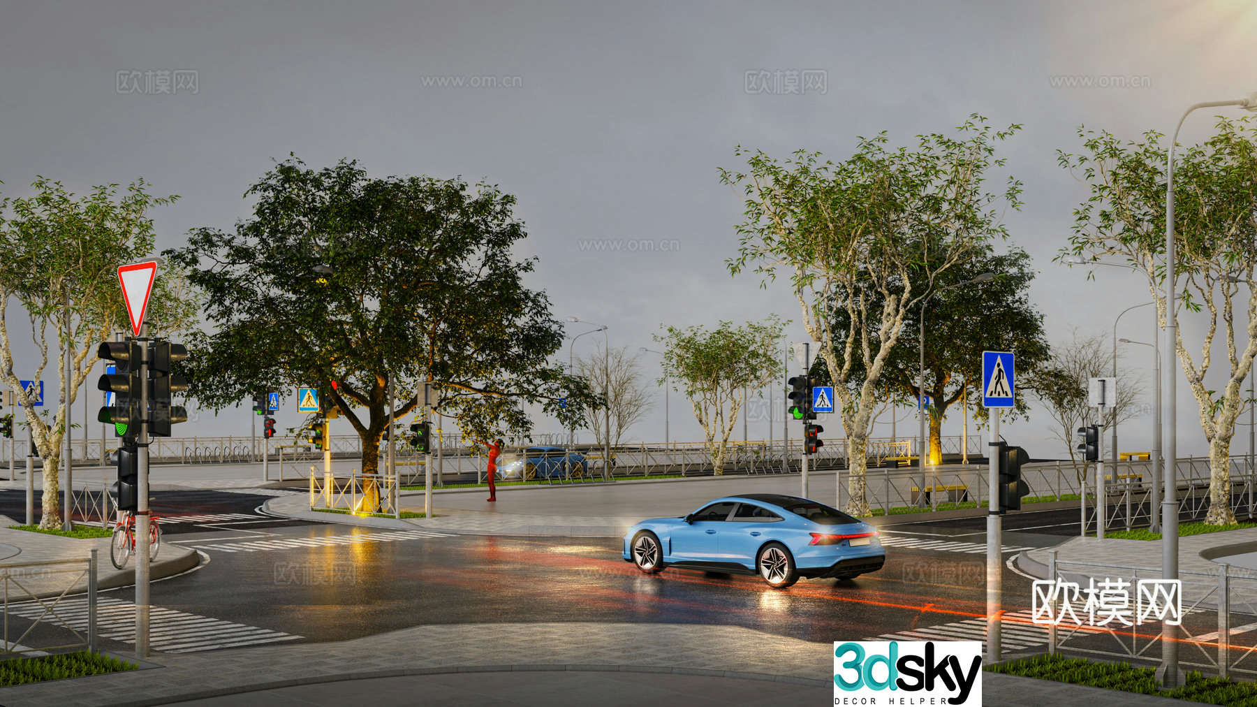 Road Pedestrian Landscape Tree Car Sports Car Pavement 3D Model
