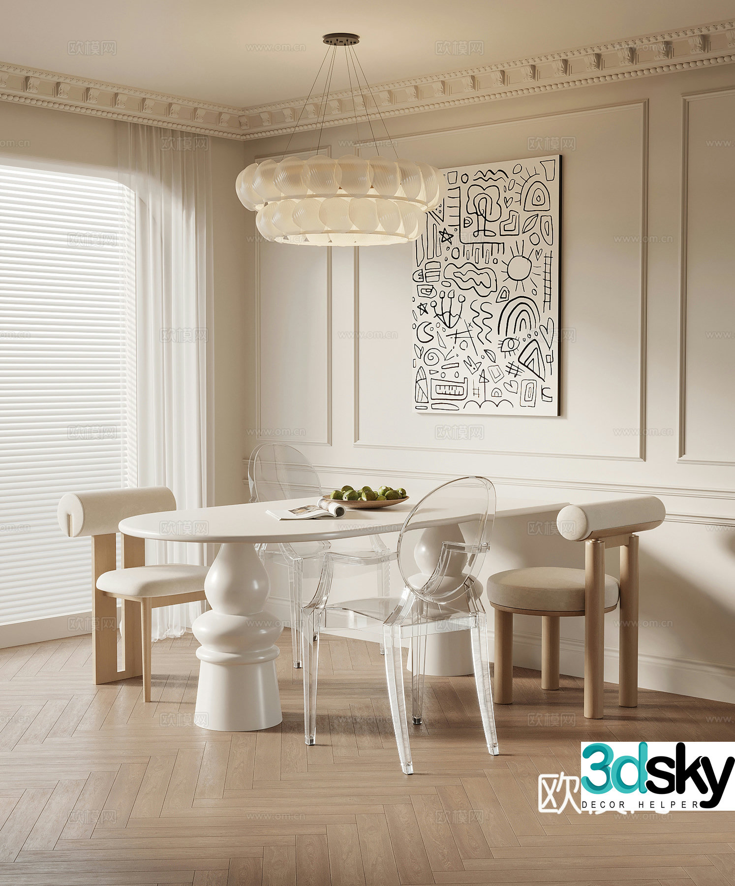 French cream style restaurant dining table and chair combination 3D model