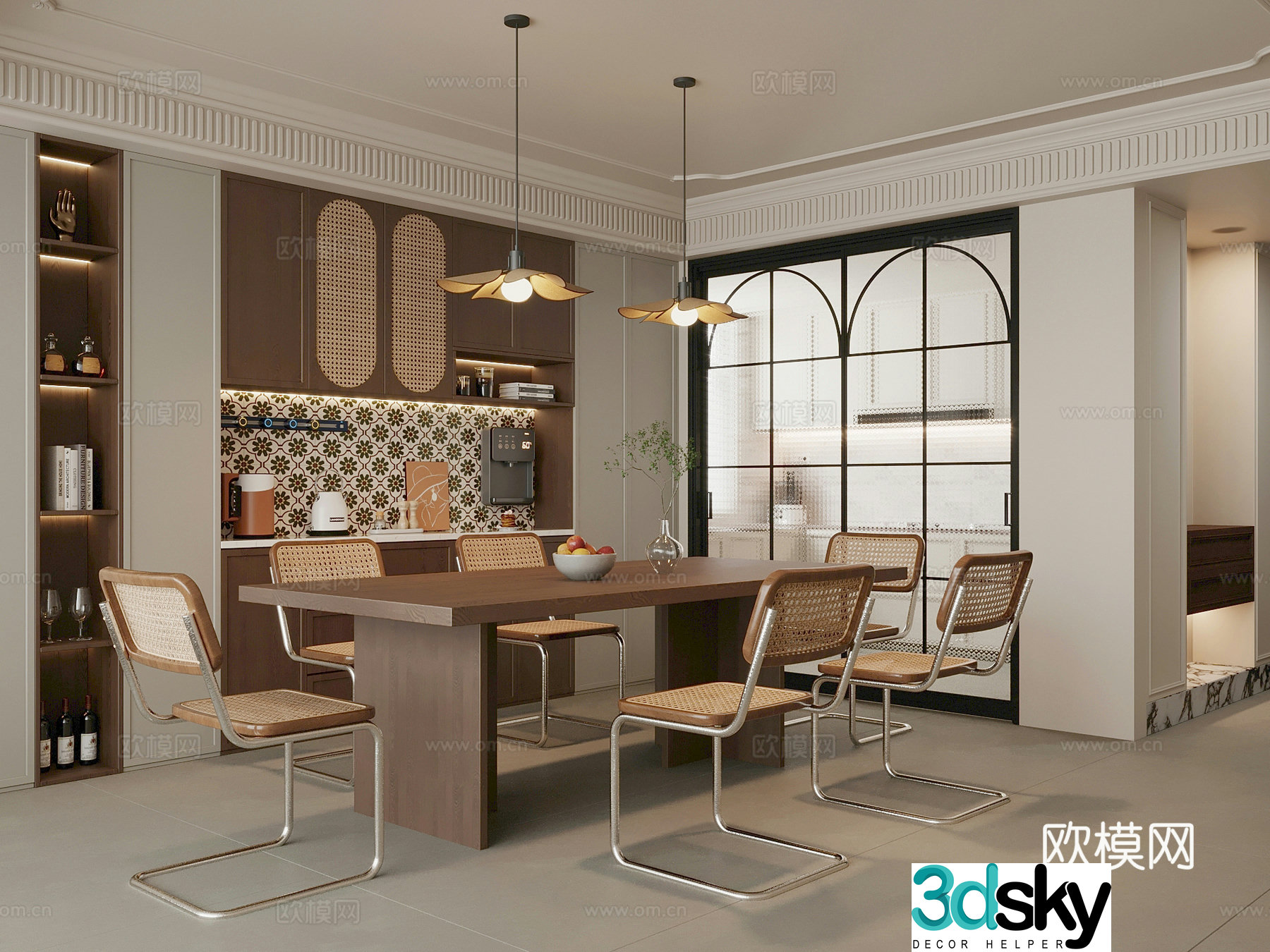 Middle style restaurant dining table and chair combination wine cabinet sideboard 3D model