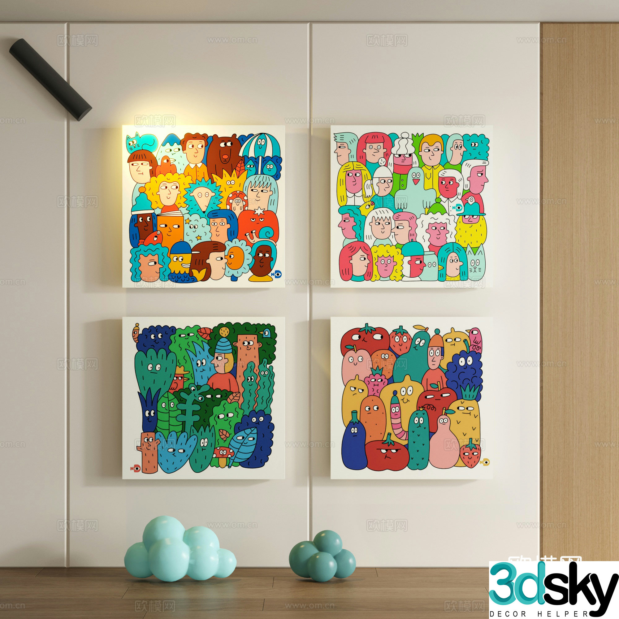 Modern children cartoon doodle decorative painting 3d model