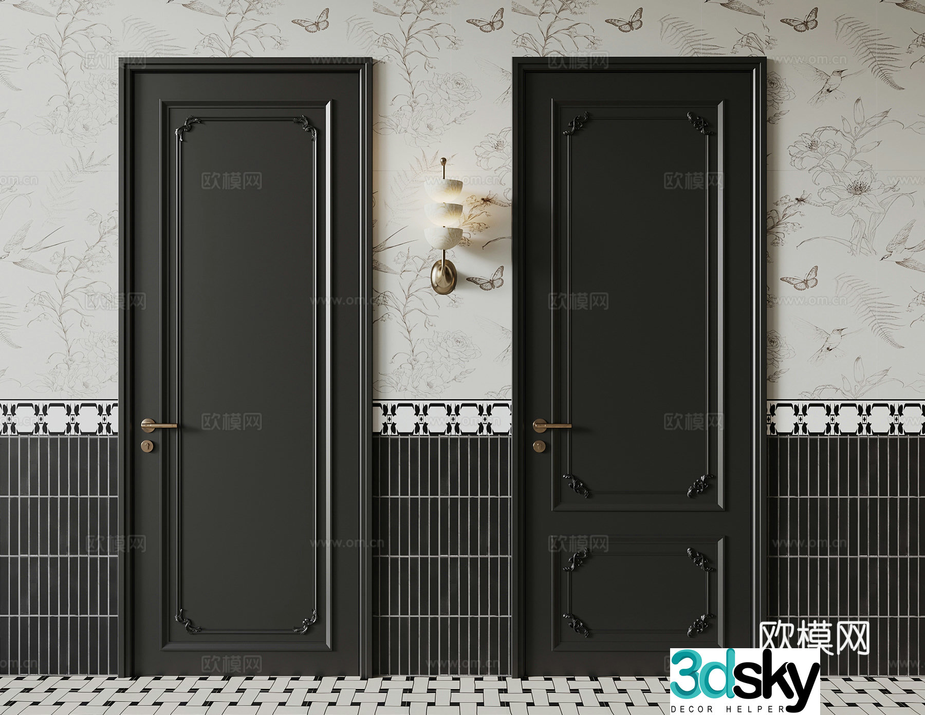 French single-open door interior door glass door 3d model